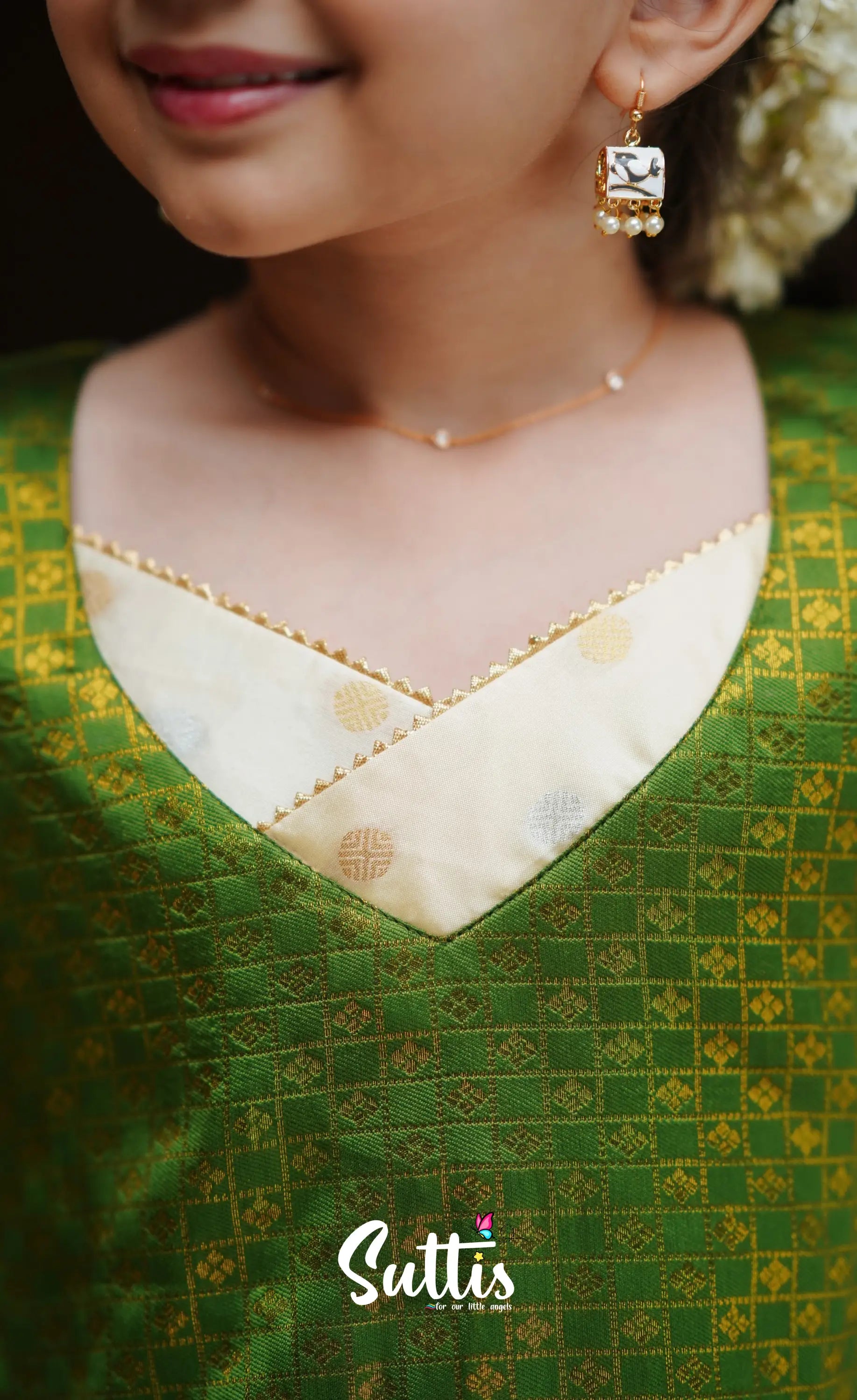 Padmakshi - Cream And Green Blended Silk Pavadai Top Kids-Suttis