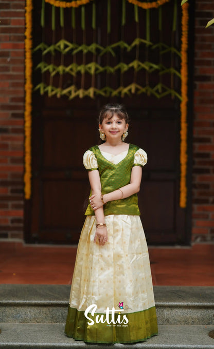 Padmakshi - Cream And Green Blended Silk Pavadai Top Kids-Suttis