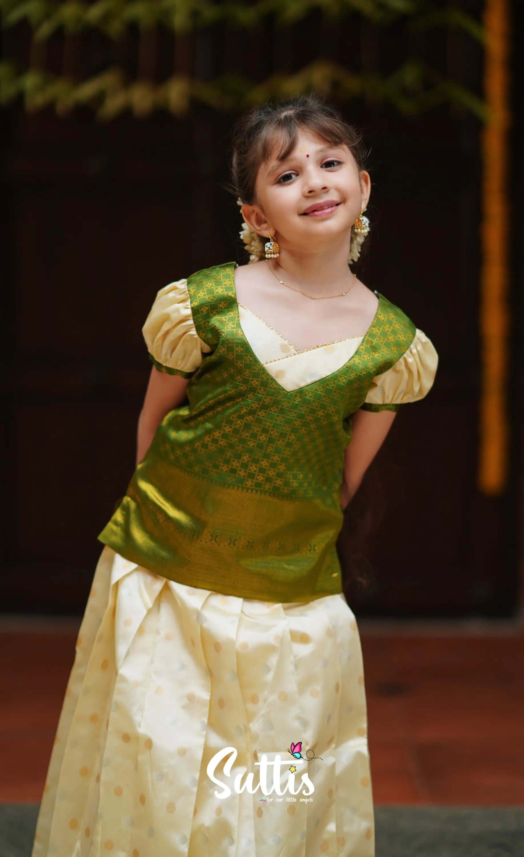 Padmakshi - Cream And Green Blended Silk Pavadai Top Kids-Suttis