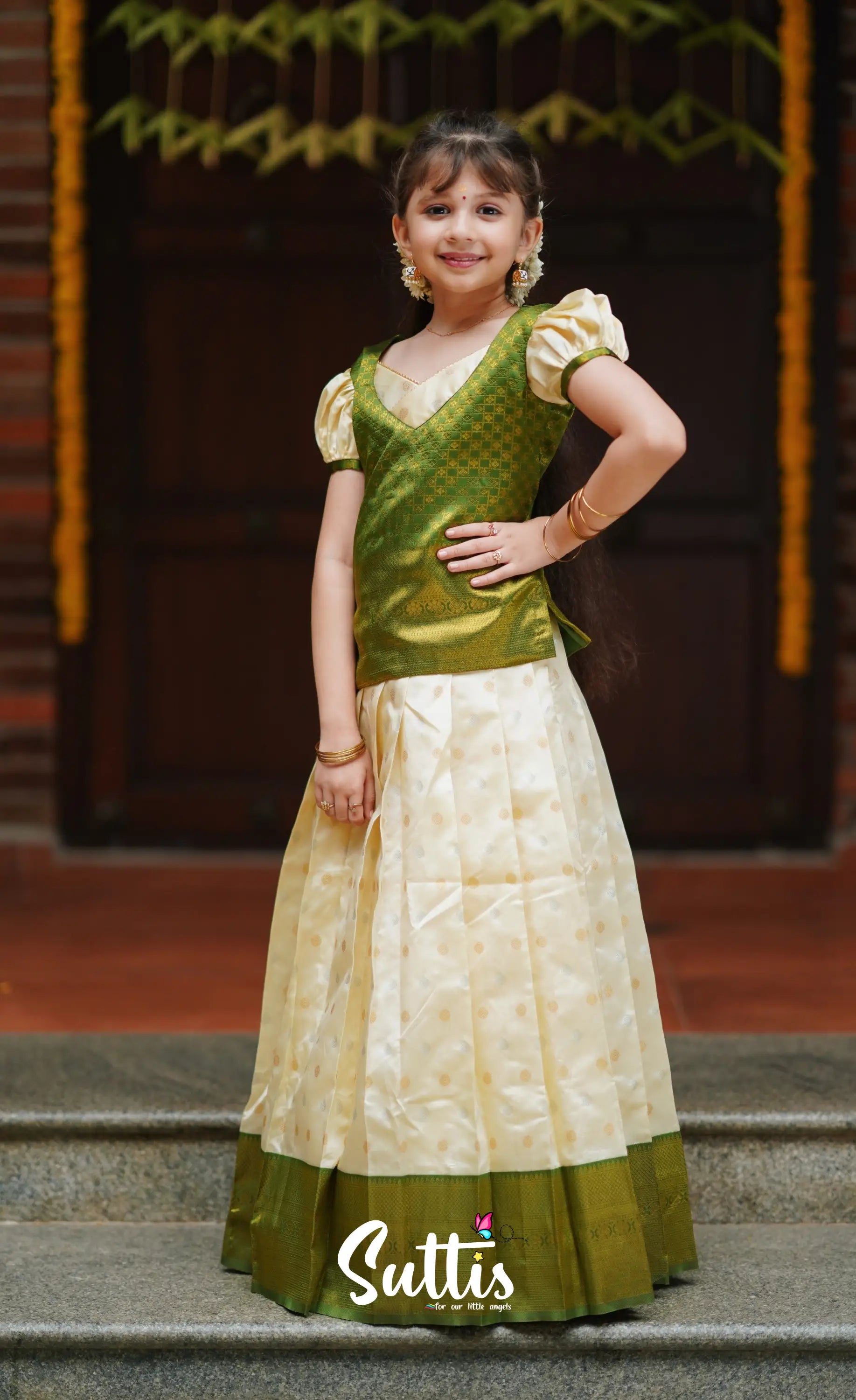 Padmakshi - Cream And Green Blended Silk Pavadai Top Kids-Suttis