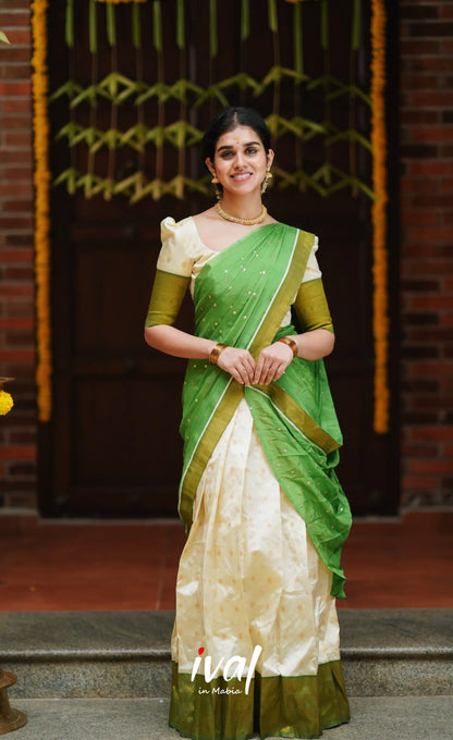 Padmakshi- Cream And Green Semi Silk Halfsaree Half Sarees