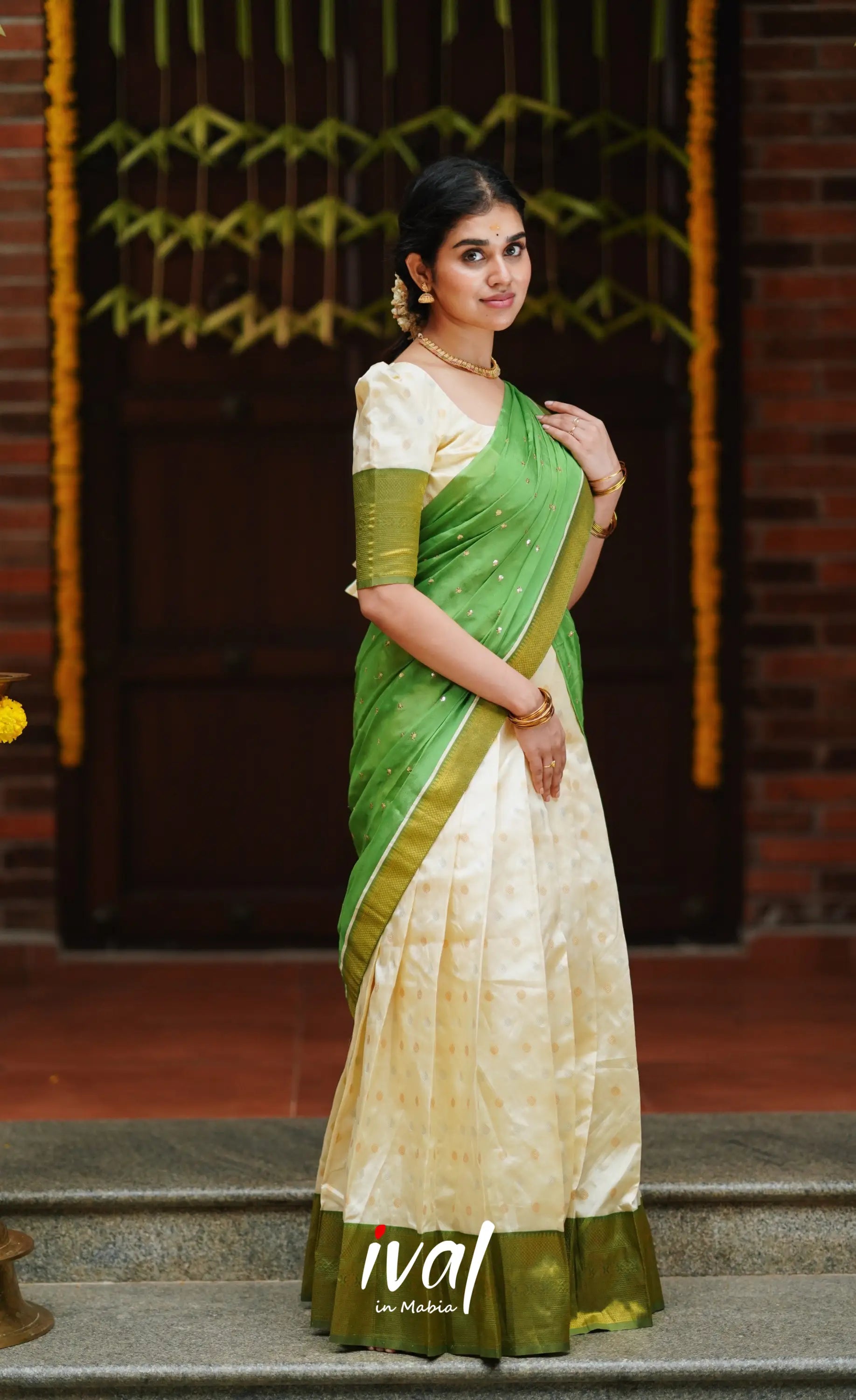 Padmakshi- Cream And Green Semi Silk Halfsaree Half Sarees