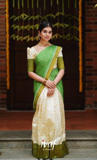 Padmakshi- Cream And Green Semi Silk Halfsaree Half Sarees