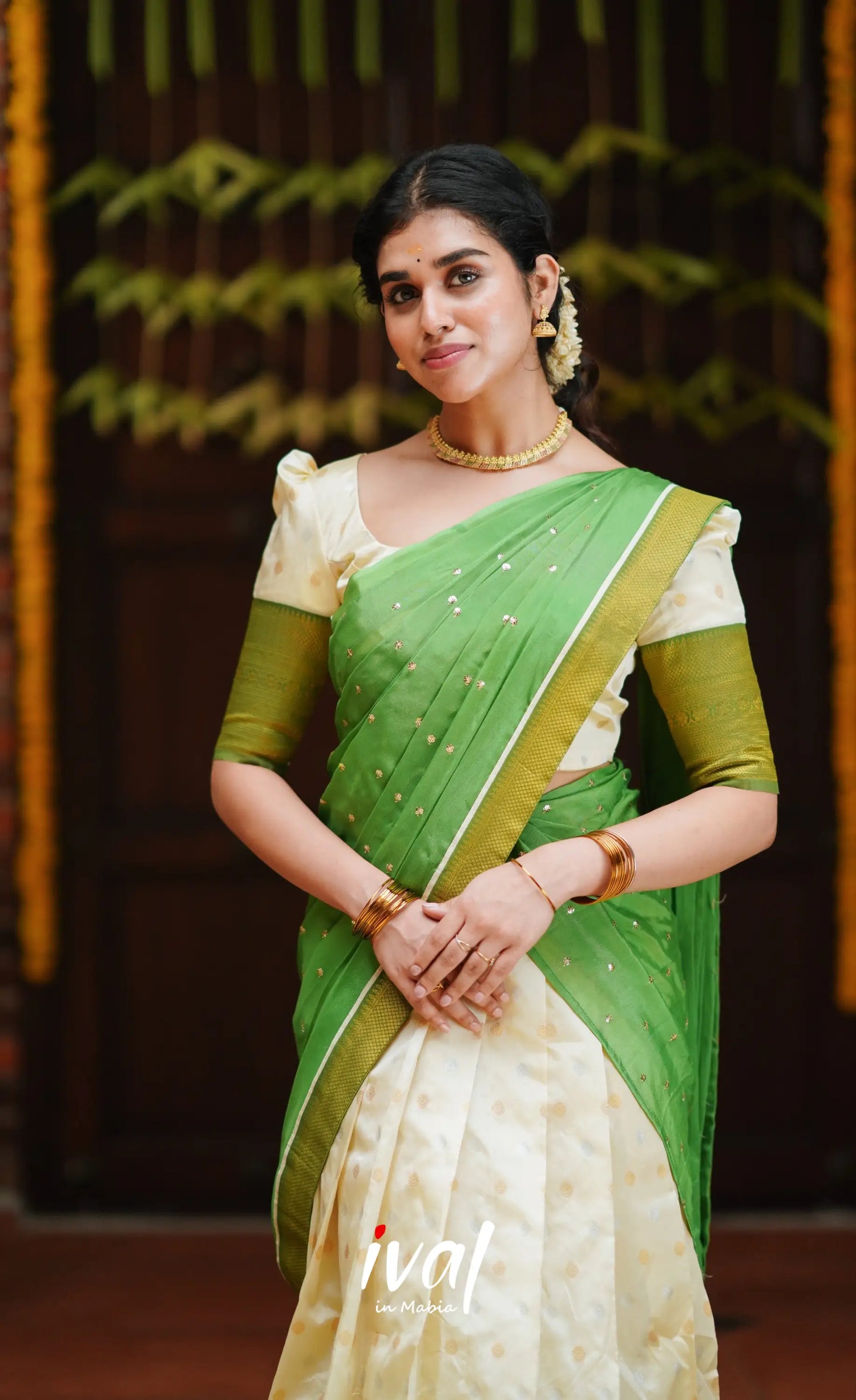 Padmakshi- Cream And Green Semi Silk Halfsaree Half Sarees