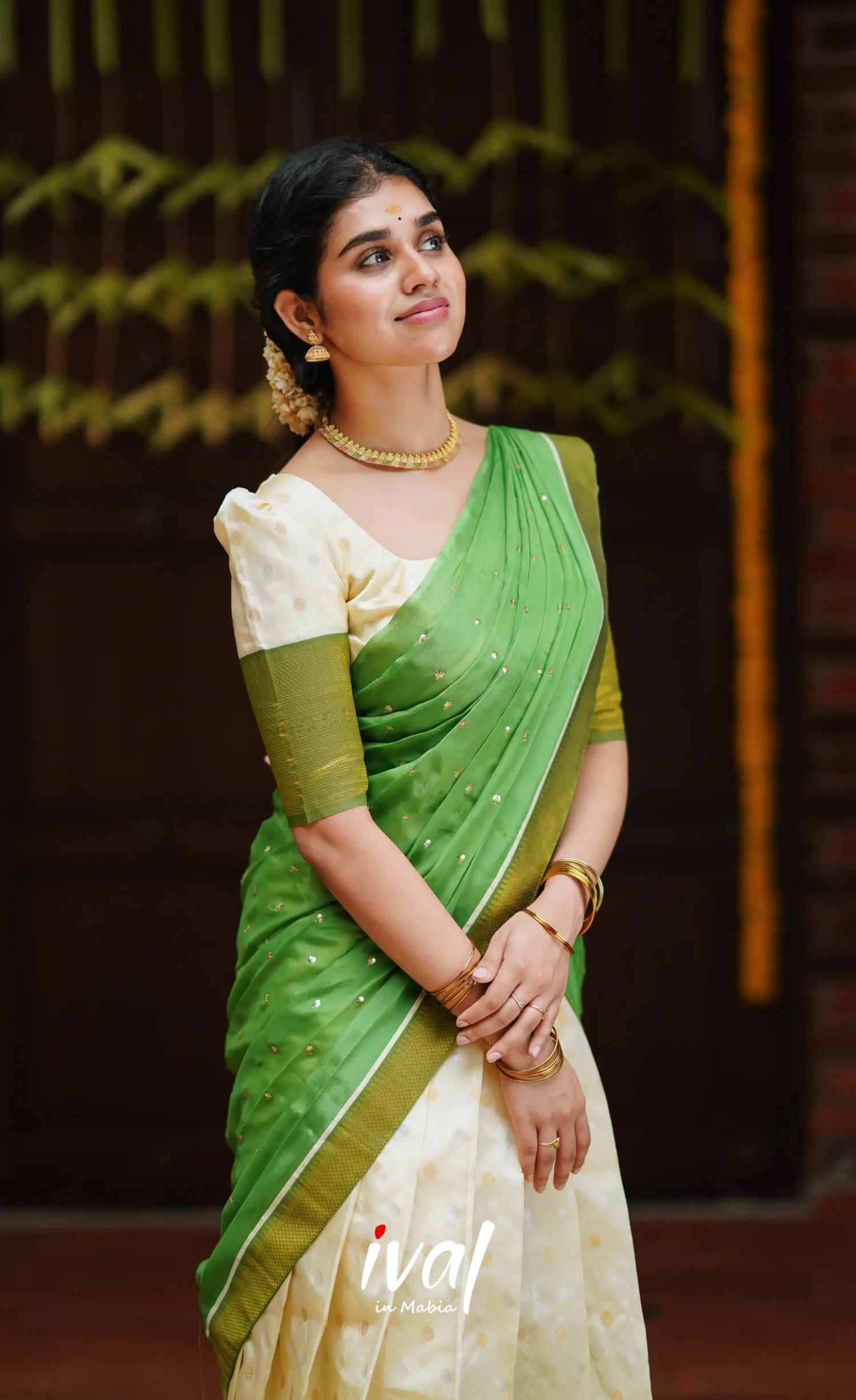 Padmakshi- Cream And Green Semi Silk Halfsaree Half Sarees