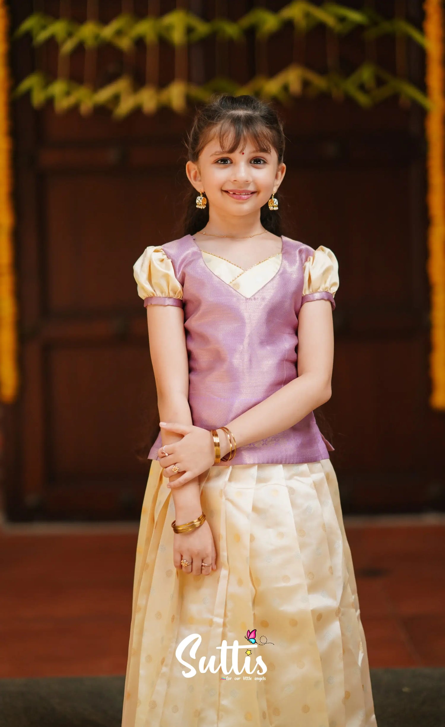 Padmakshi - Cream And Lavender Blended Silk Pavadai Top Kids-Suttis