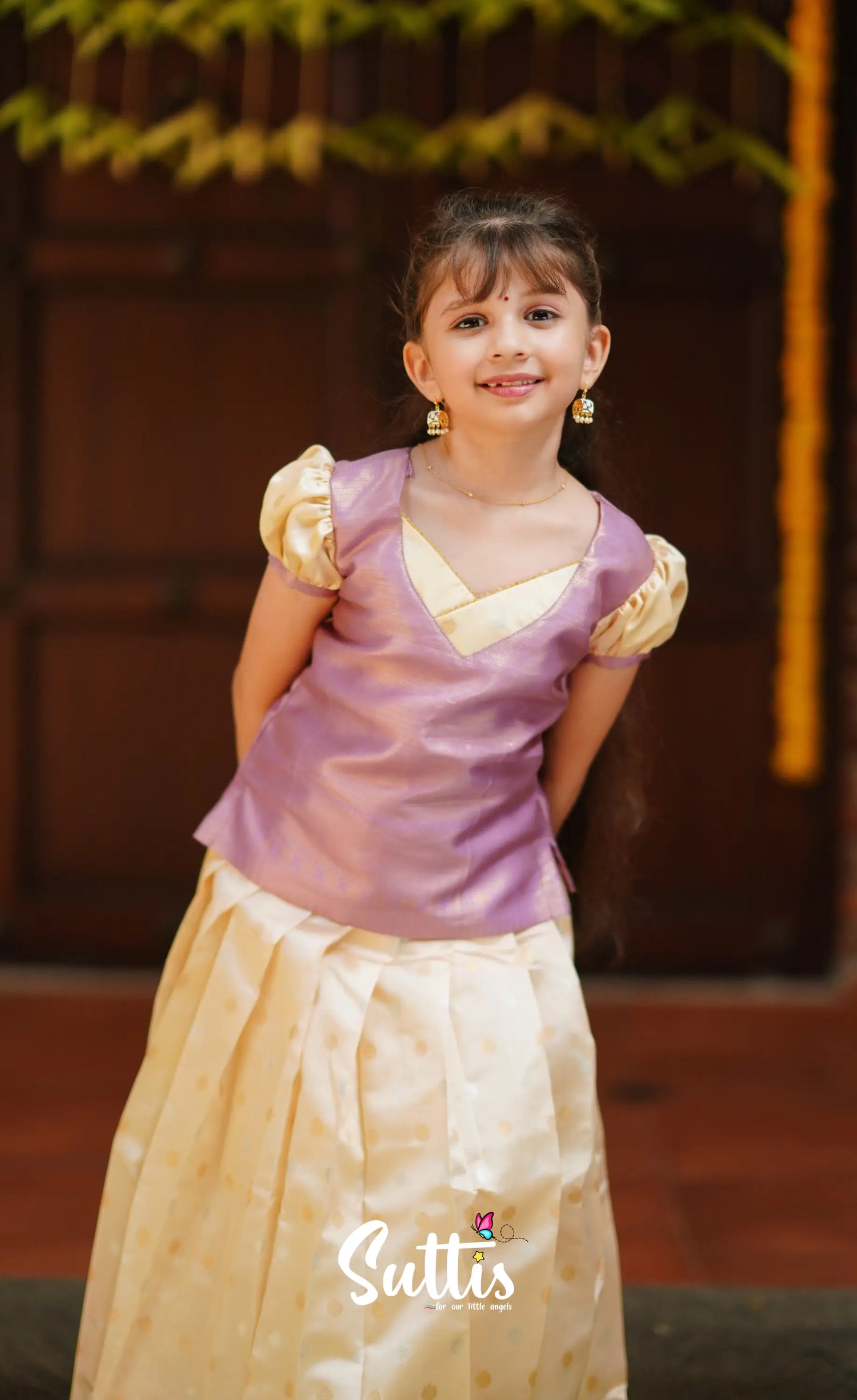 Padmakshi - Cream And Lavender Blended Silk Pavadai Top Kids-Suttis