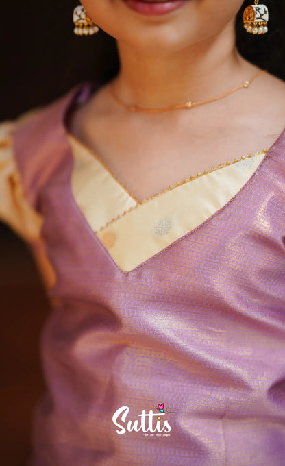 Padmakshi - Cream And Lavender Blended Silk Pavadai Top Kids-Suttis