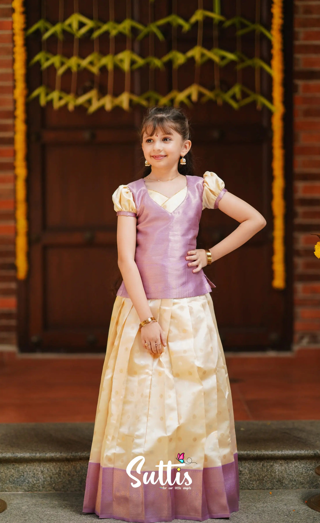 Padmakshi - Cream And Lavender Blended Silk Pavadai Top Kids-Suttis