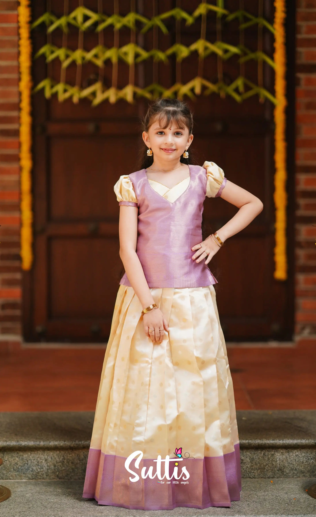 Padmakshi - Cream And Lavender Blended Silk Pavadai Top Kids-Suttis
