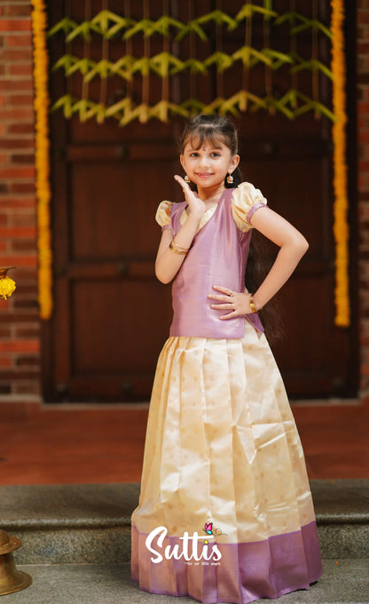 Padmakshi - Cream And Lavender Blended Silk Pavadai Top Kids-Suttis