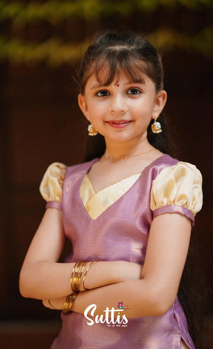 Padmakshi - Cream And Lavender Blended Silk Pavadai Top Kids-Suttis