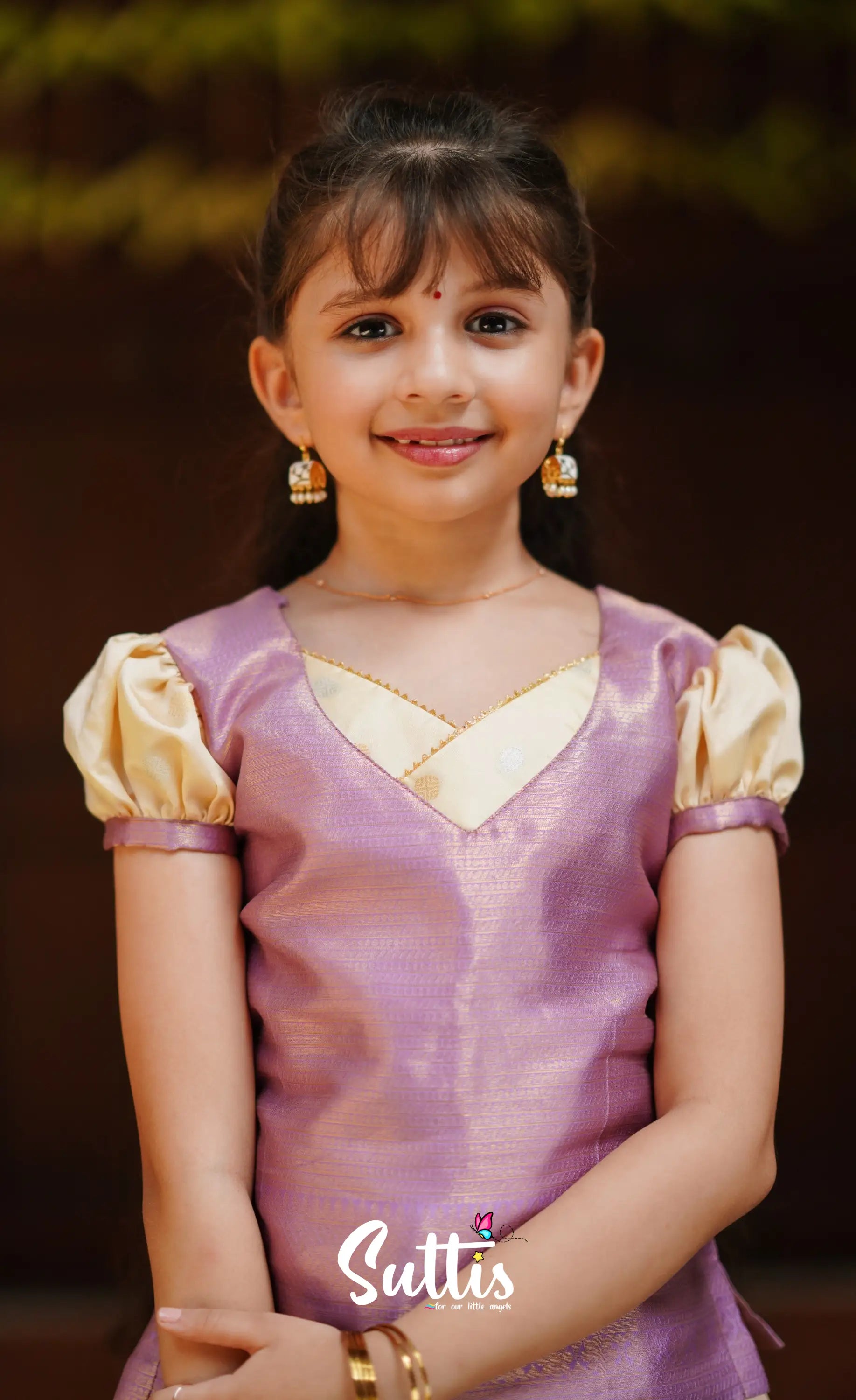 Padmakshi - Cream And Lavender Blended Silk Pavadai Top Kids-Suttis