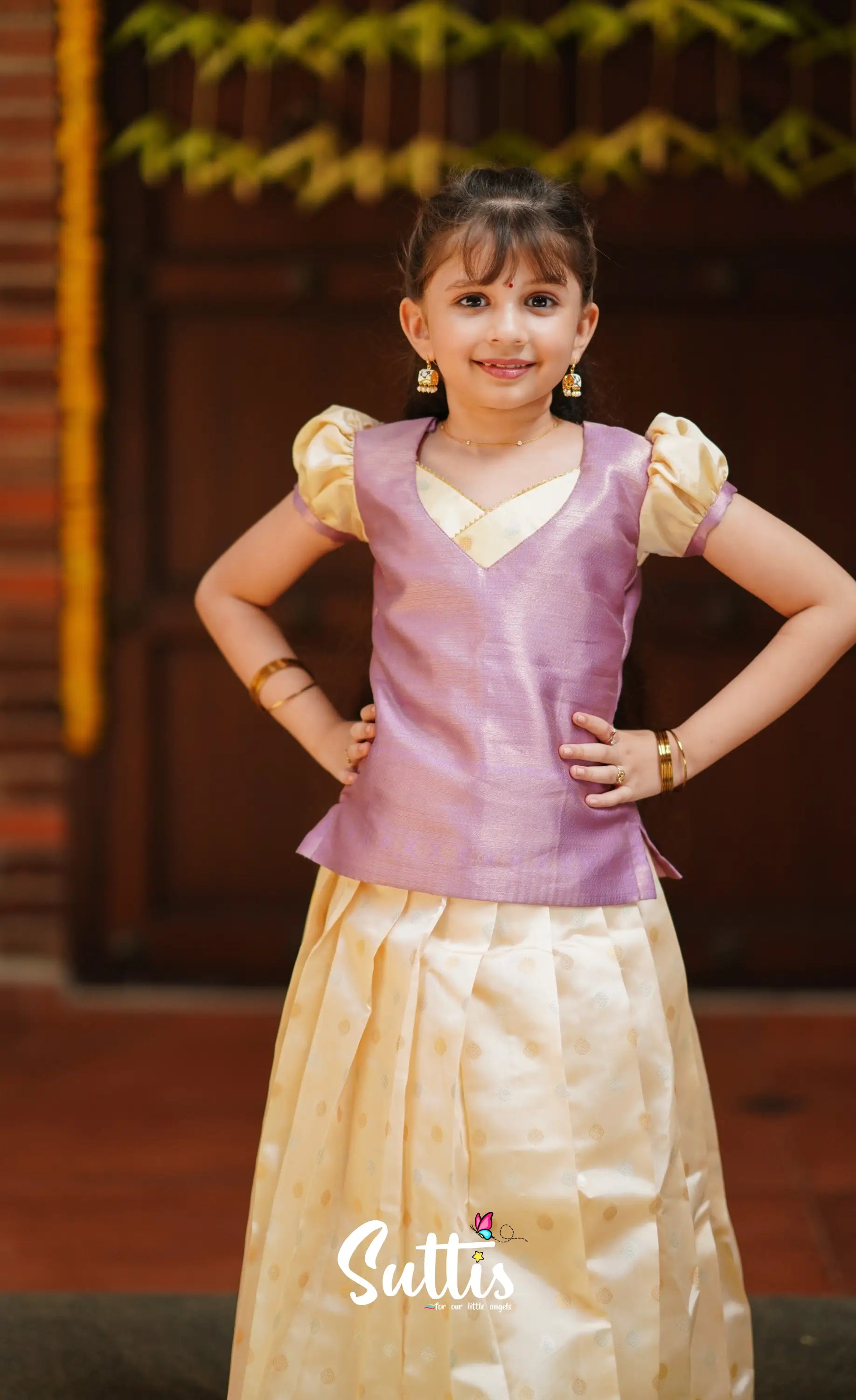 Padmakshi - Cream And Lavender Blended Silk Pavadai Top Kids-Suttis