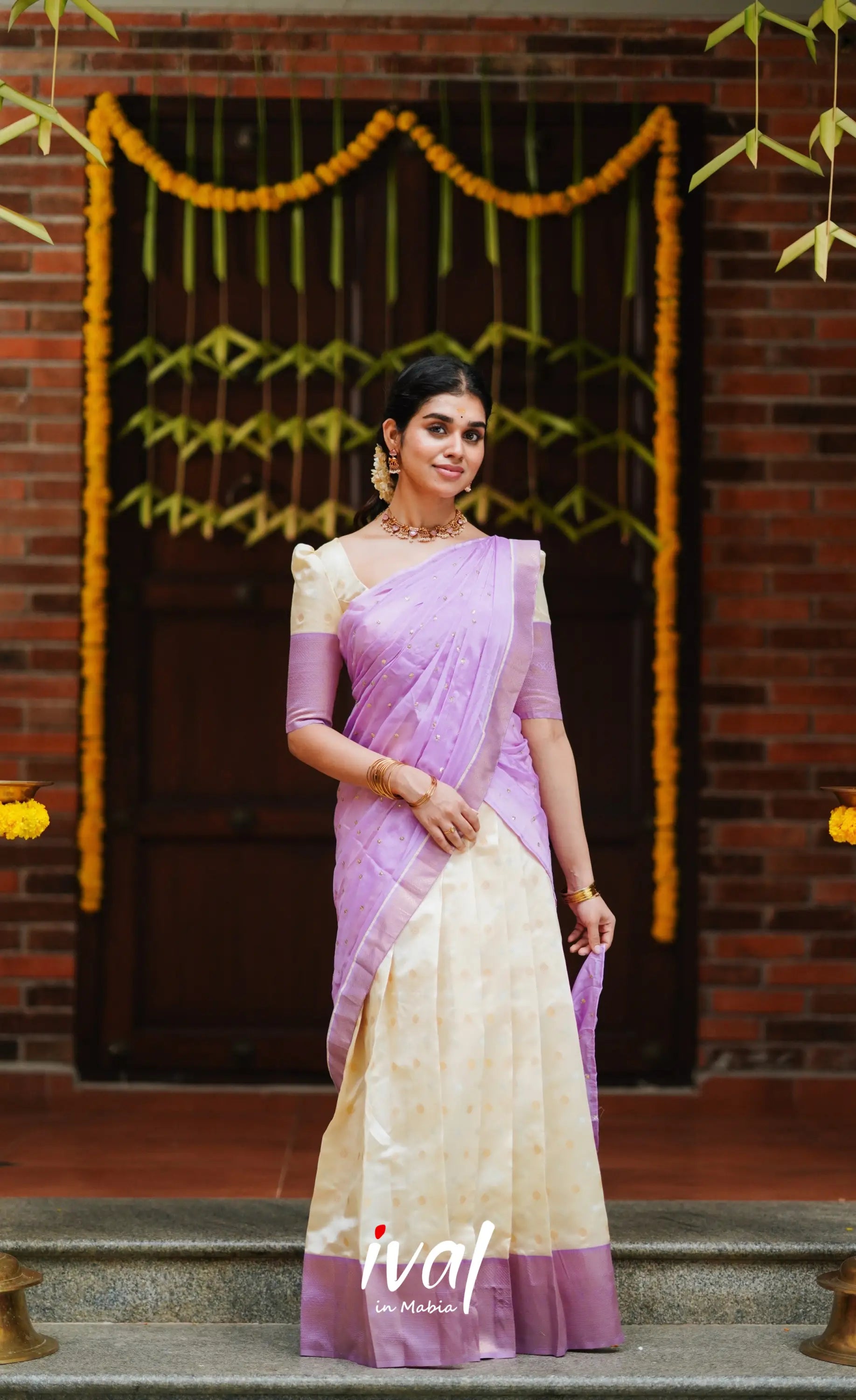 Padmakshi- Cream And Lavender Semi Silk Halfsaree Half Sarees