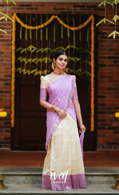 Padmakshi- Cream And Lavender Semi Silk Halfsaree Half Sarees