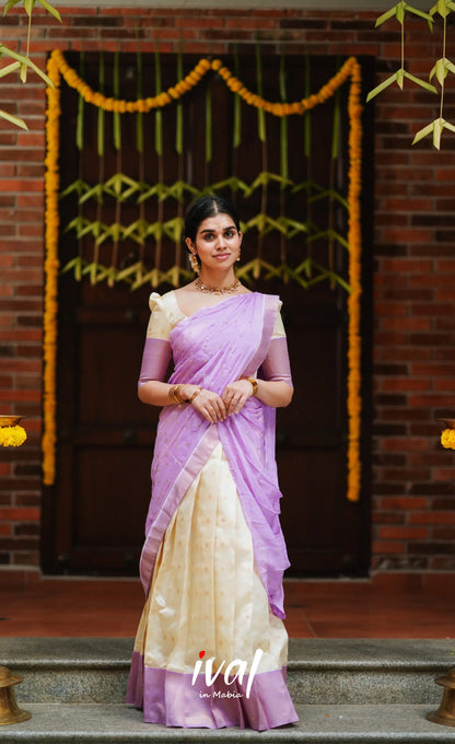 Padmakshi- Cream And Lavender Semi Silk Halfsaree Half Sarees