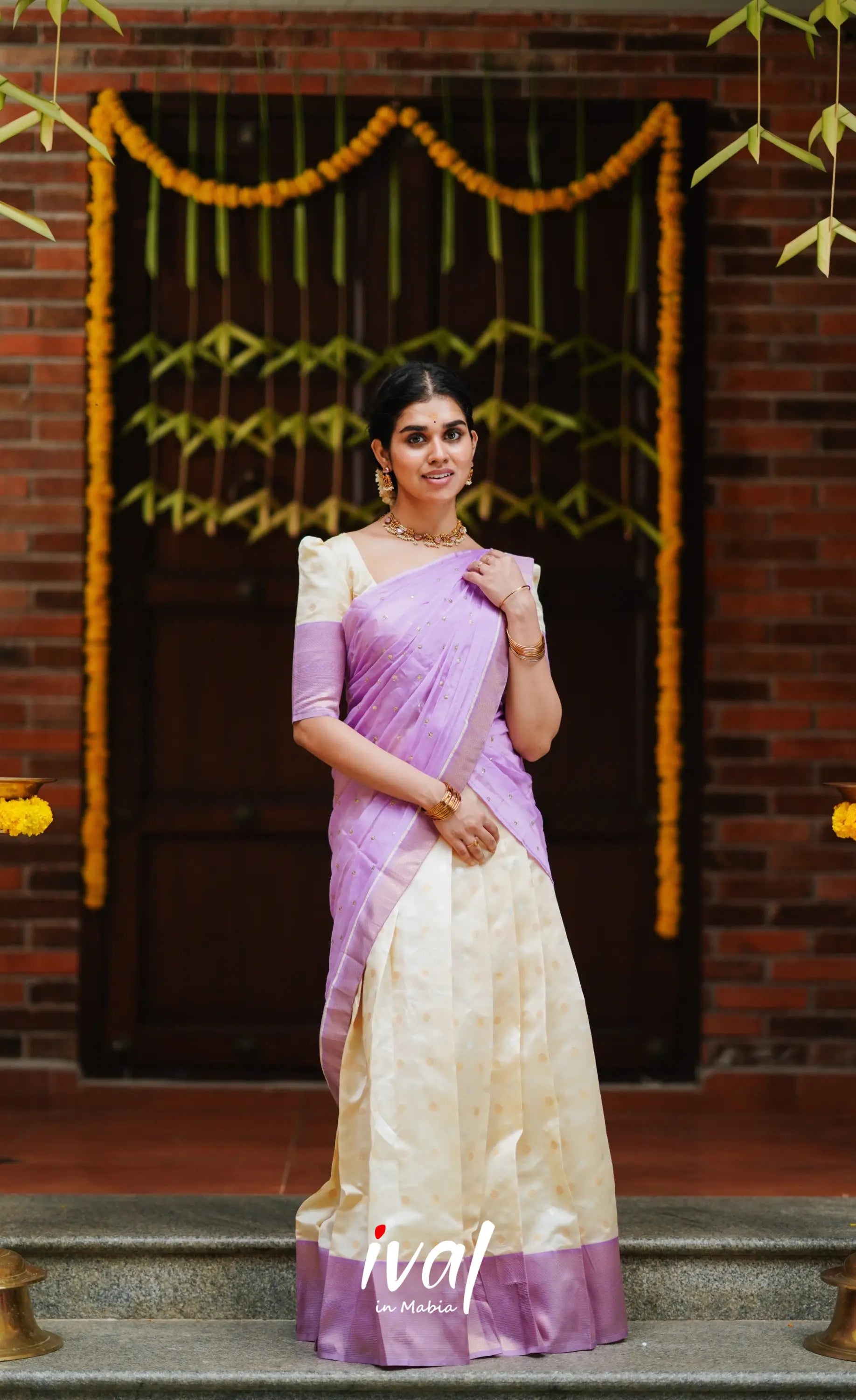 Padmakshi- Cream And Lavender Semi Silk Halfsaree Half Sarees