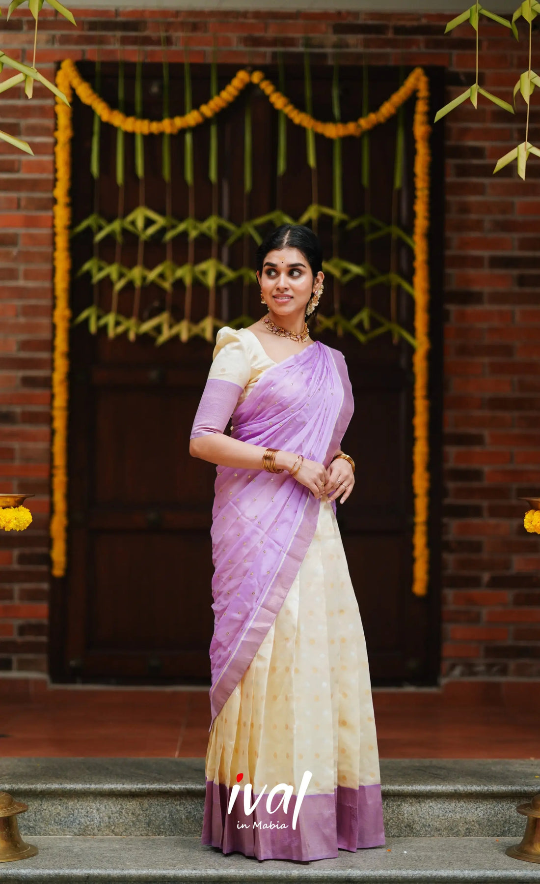 Padmakshi- Cream And Lavender Semi Silk Halfsaree Half Sarees