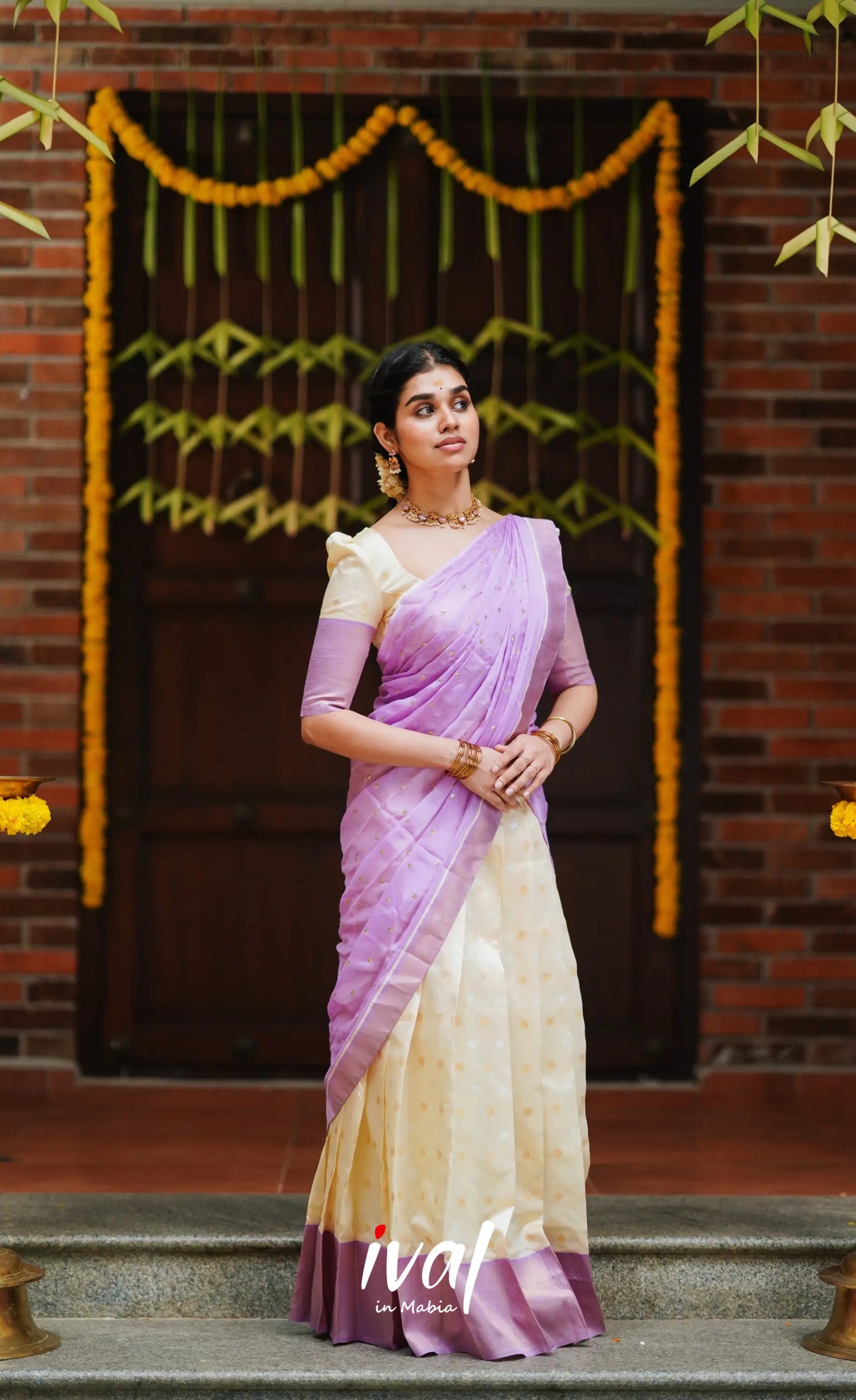 Padmakshi- Cream And Lavender Semi Silk Halfsaree Half Sarees