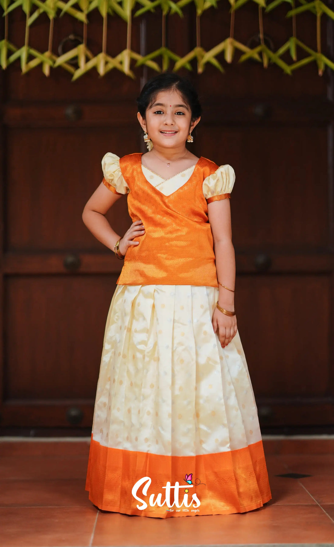 Padmakshi - Cream And Mango Orange Blended Silk Pavadai Top Kids-Suttis