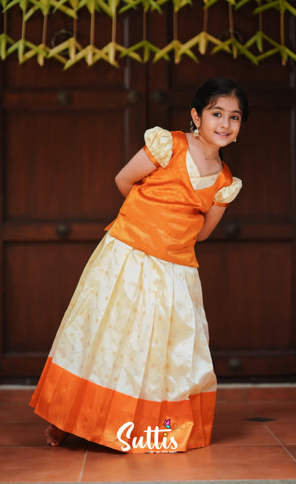 Padmakshi - Cream And Mango Orange Blended Silk Pavadai Top Kids-Suttis