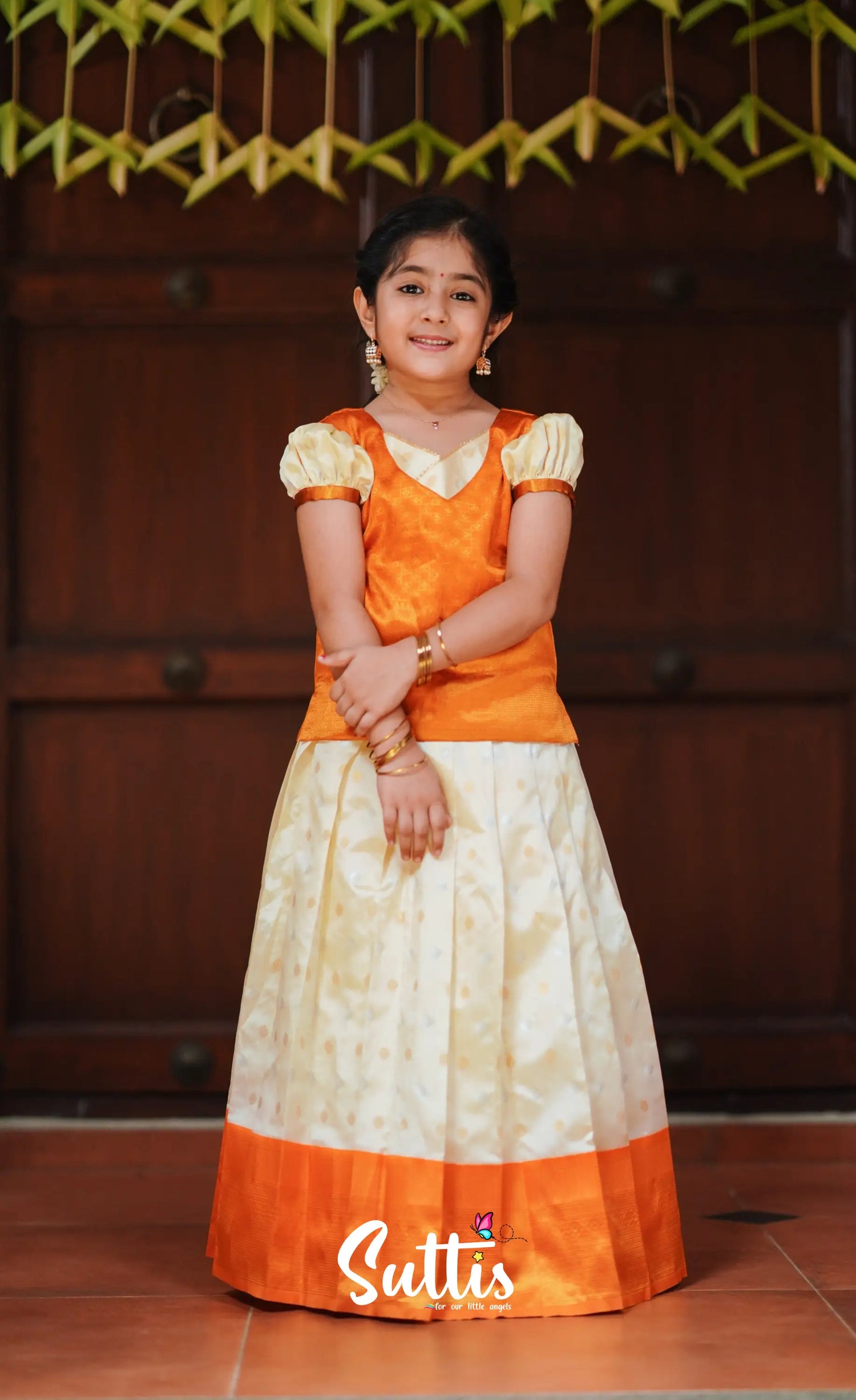 Padmakshi - Cream And Mango Orange Blended Silk Pavadai Top Kids-Suttis