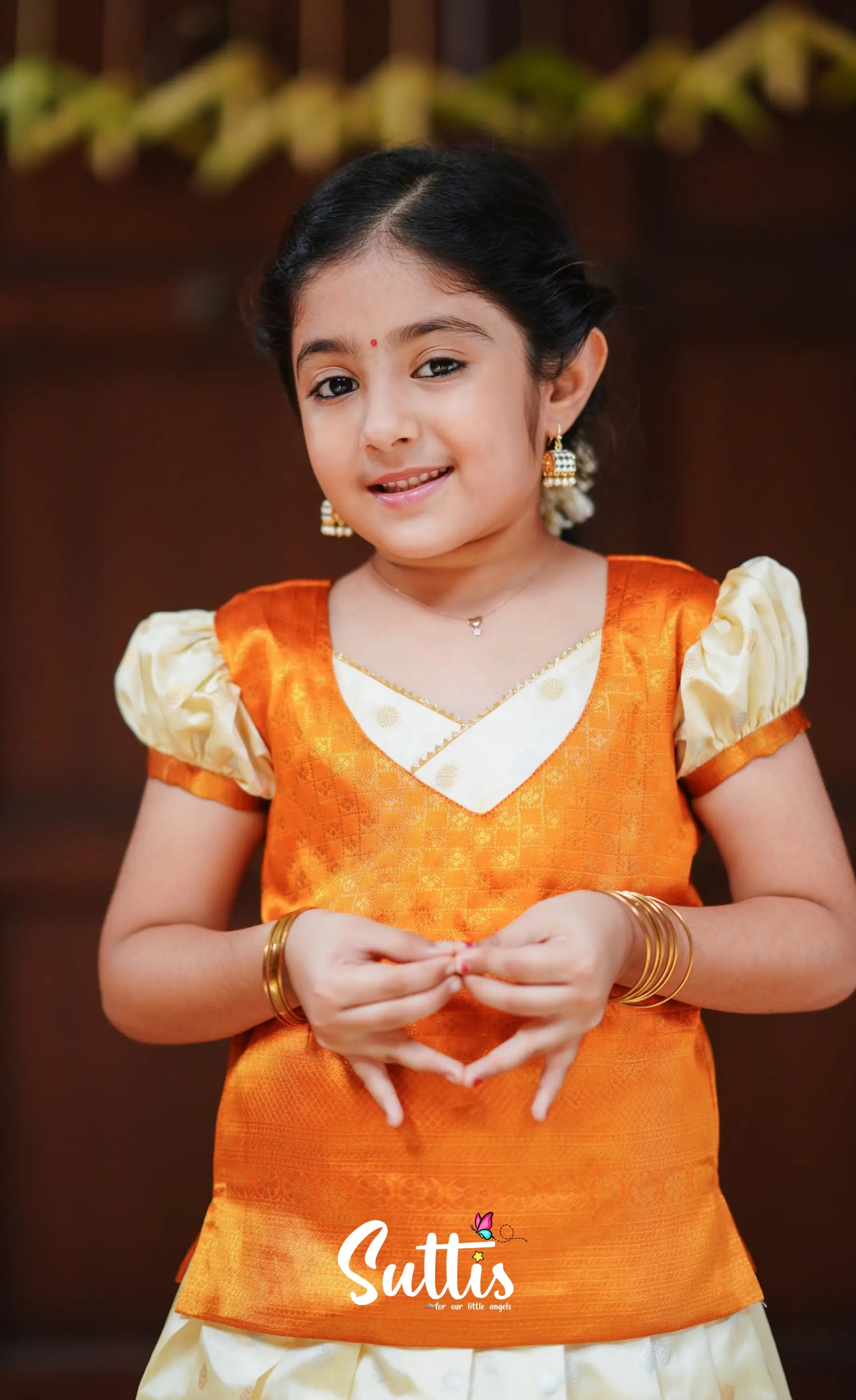 Padmakshi - Cream And Mango Orange Blended Silk Pavadai Top Kids-Suttis