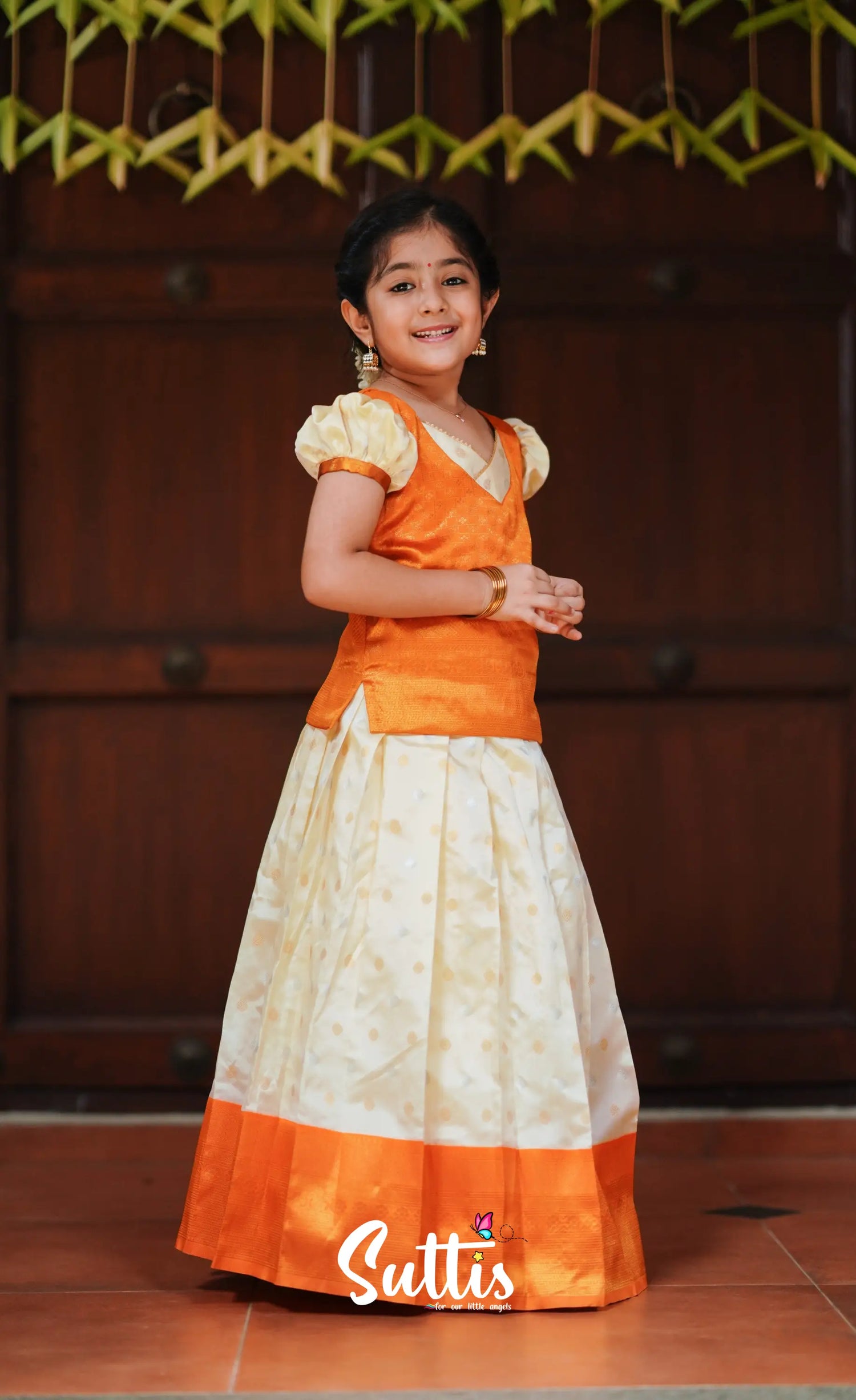 Padmakshi - Cream And Mango Orange Blended Silk Pavadai Top Kids-Suttis