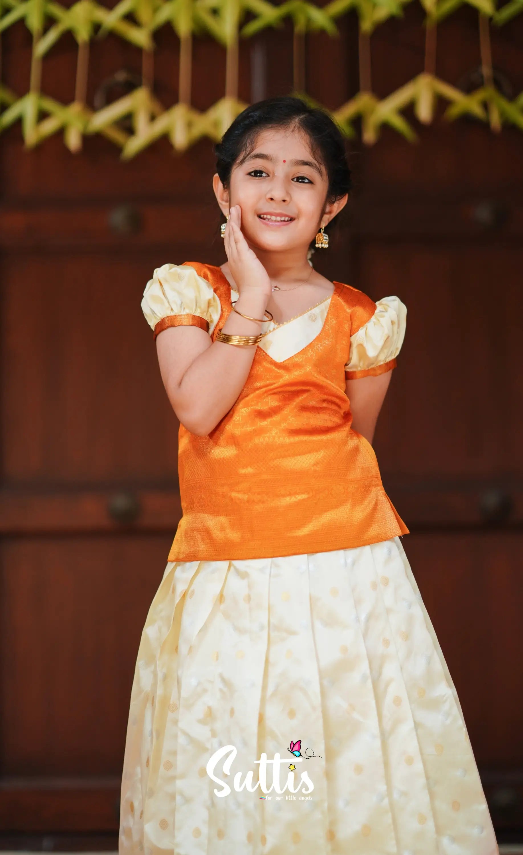 Padmakshi - Cream And Mango Orange Blended Silk Pavadai Top Kids-Suttis