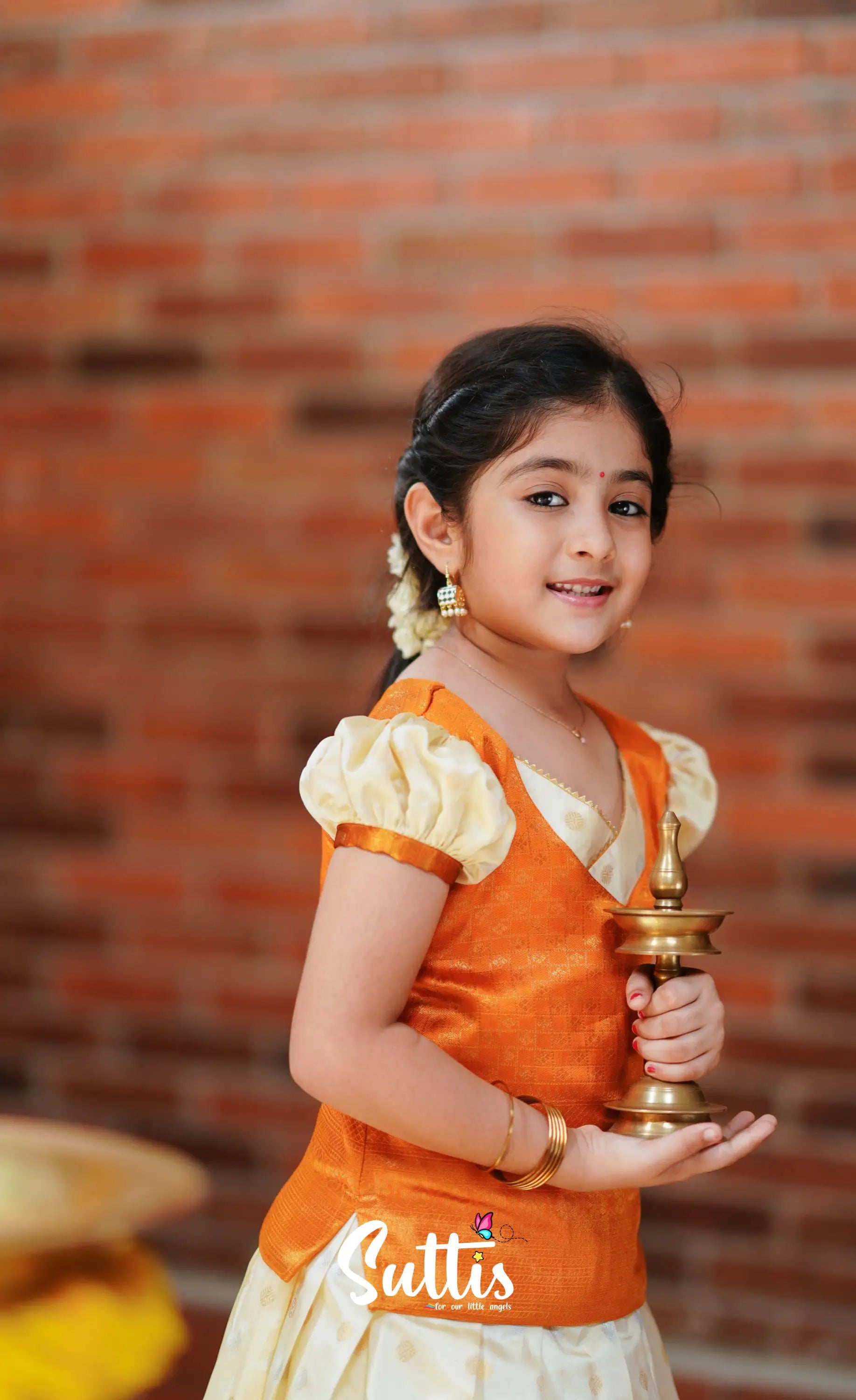 Padmakshi - Cream And Mango Orange Blended Silk Pavadai Top Kids-Suttis