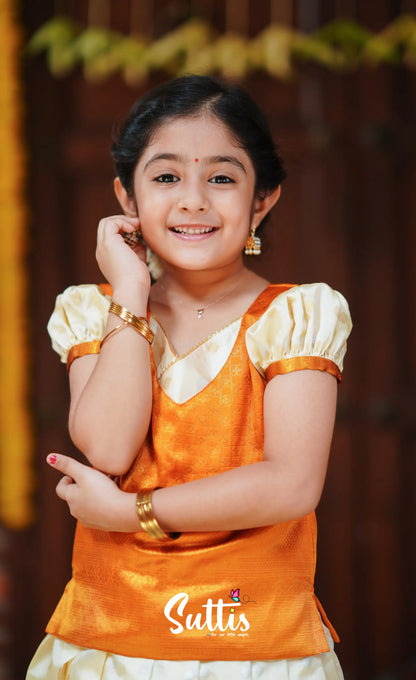 Padmakshi - Cream And Mango Orange Blended Silk Pavadai Top Kids-Suttis