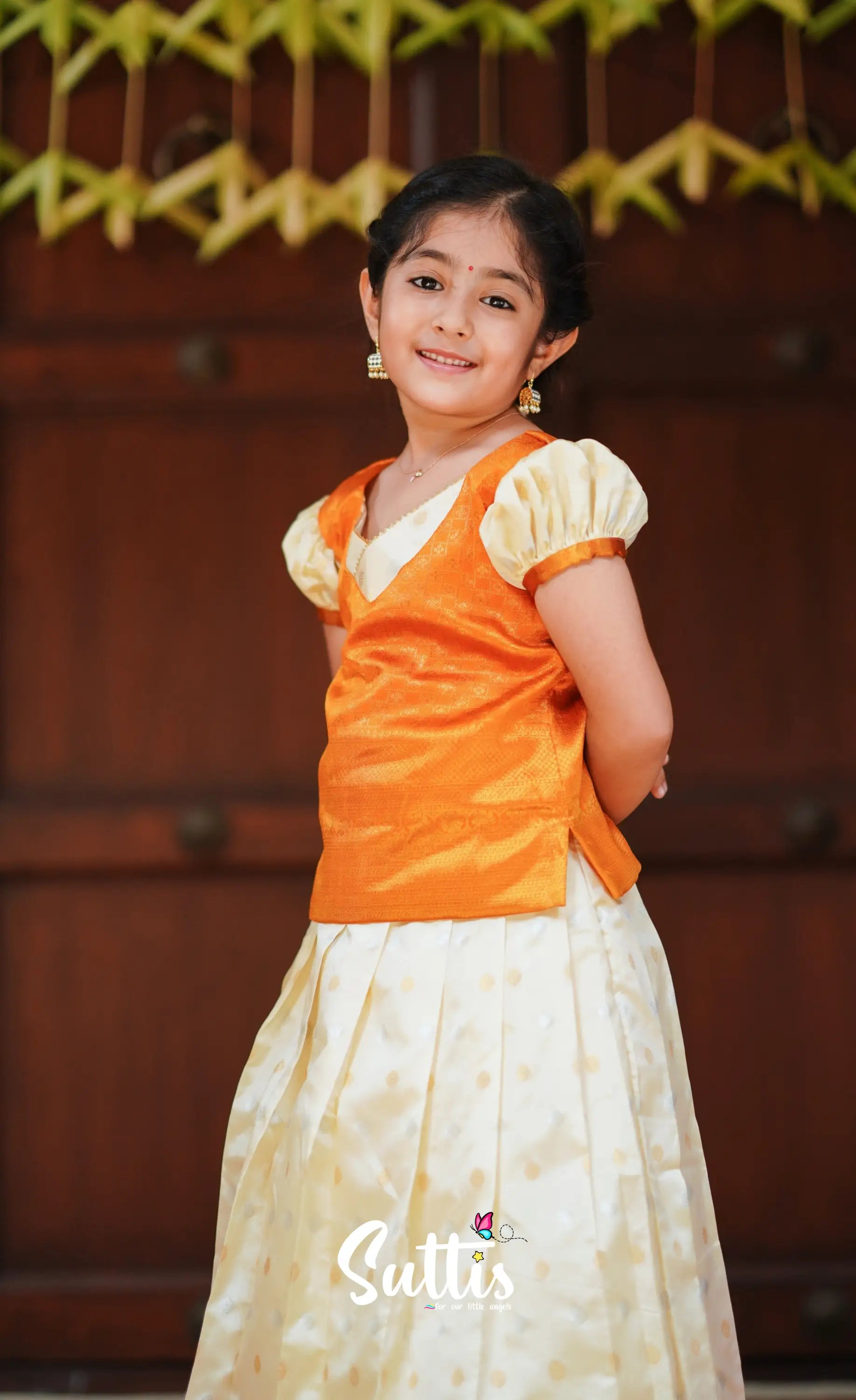 Padmakshi - Cream And Mango Orange Blended Silk Pavadai Top Kids-Suttis