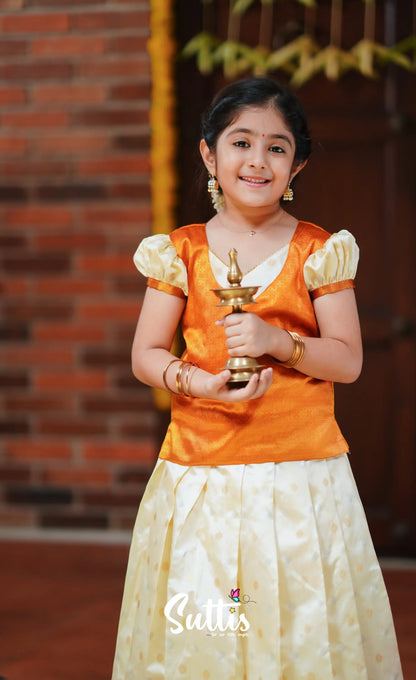 Padmakshi - Cream And Mango Orange Blended Silk Pavadai Top Kids-Suttis