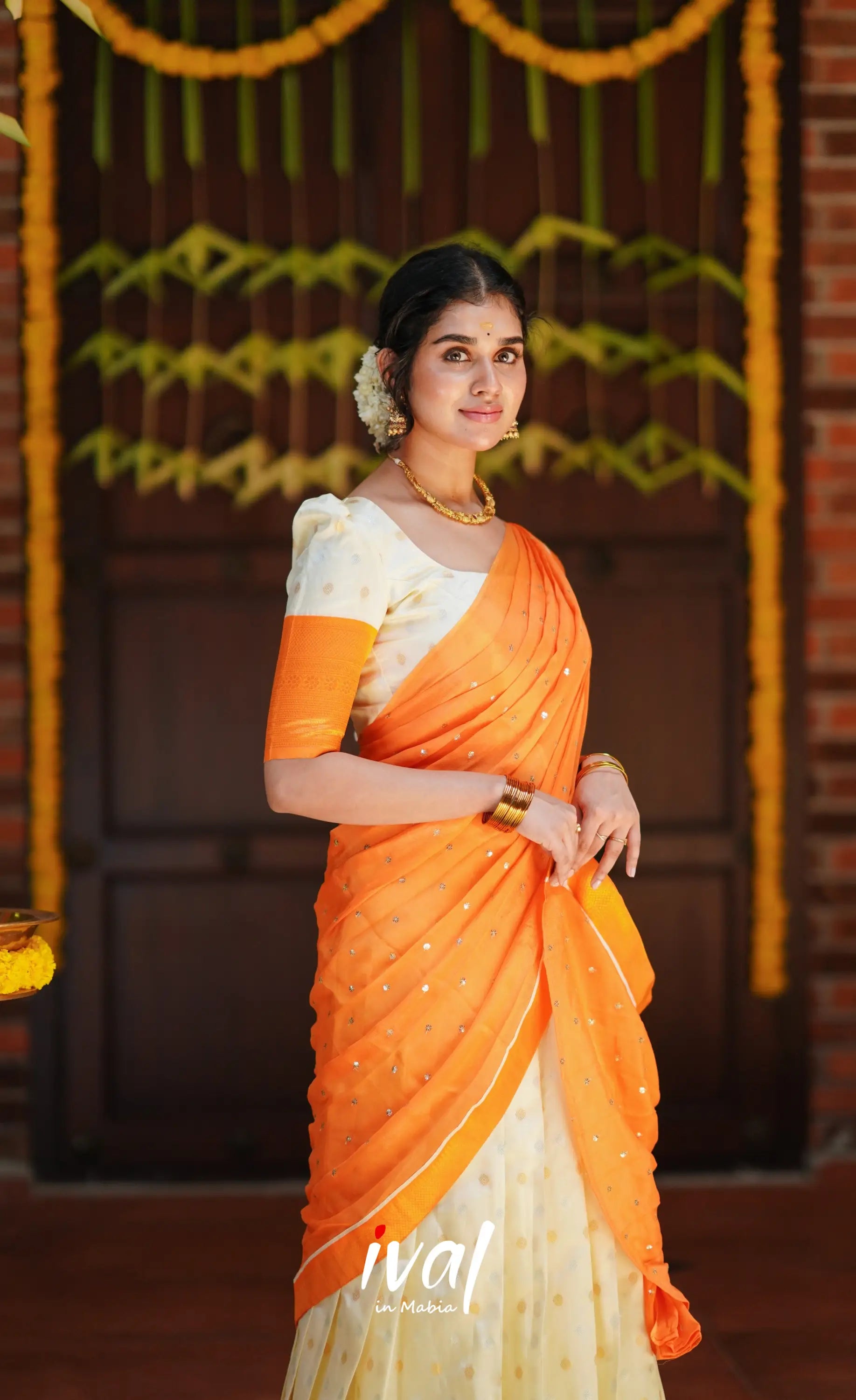 Padmakshi- Cream And Mango Orange Semi Silk Halfsaree Half Sarees