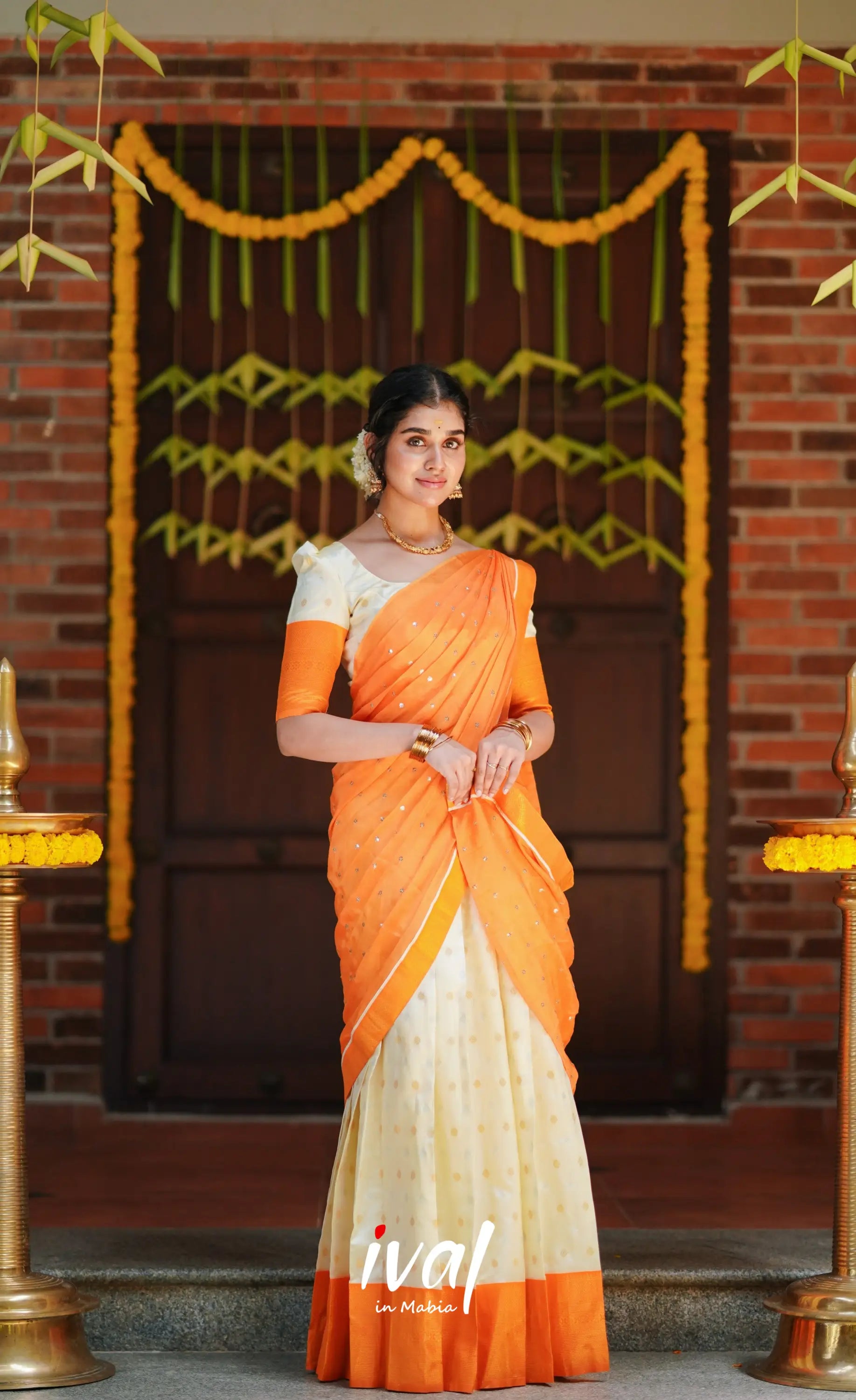 Padmakshi- Cream And Mango Orange Semi Silk Halfsaree Half Sarees