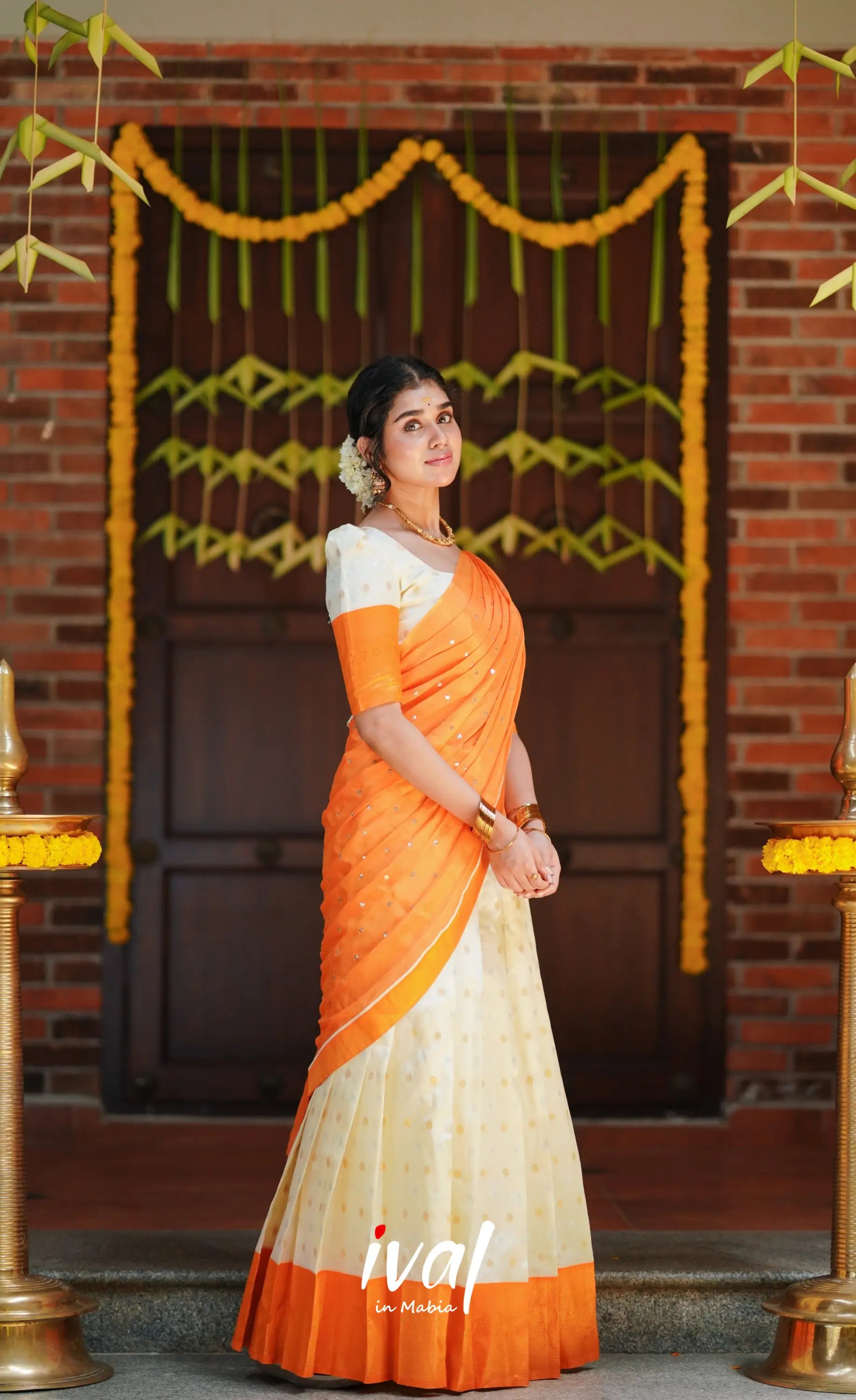 Padmakshi- Cream And Mango Orange Semi Silk Halfsaree Half Sarees