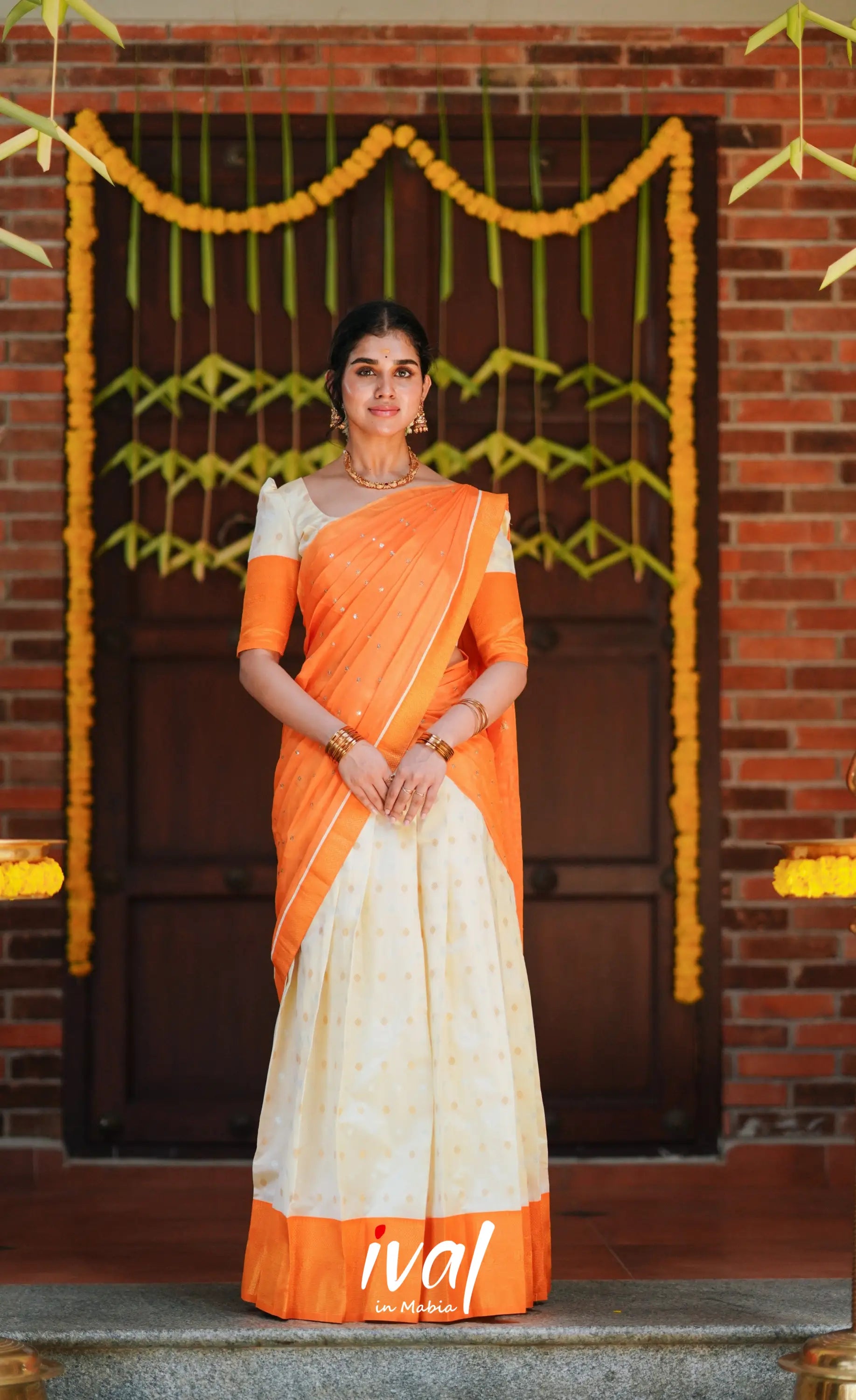 Padmakshi- Cream And Mango Orange Semi Silk Halfsaree Half Sarees