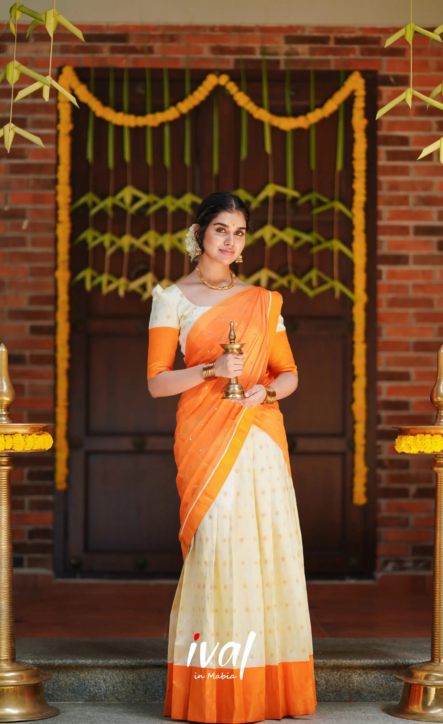 Padmakshi- Cream And Mango Orange Semi Silk Halfsaree Half Sarees