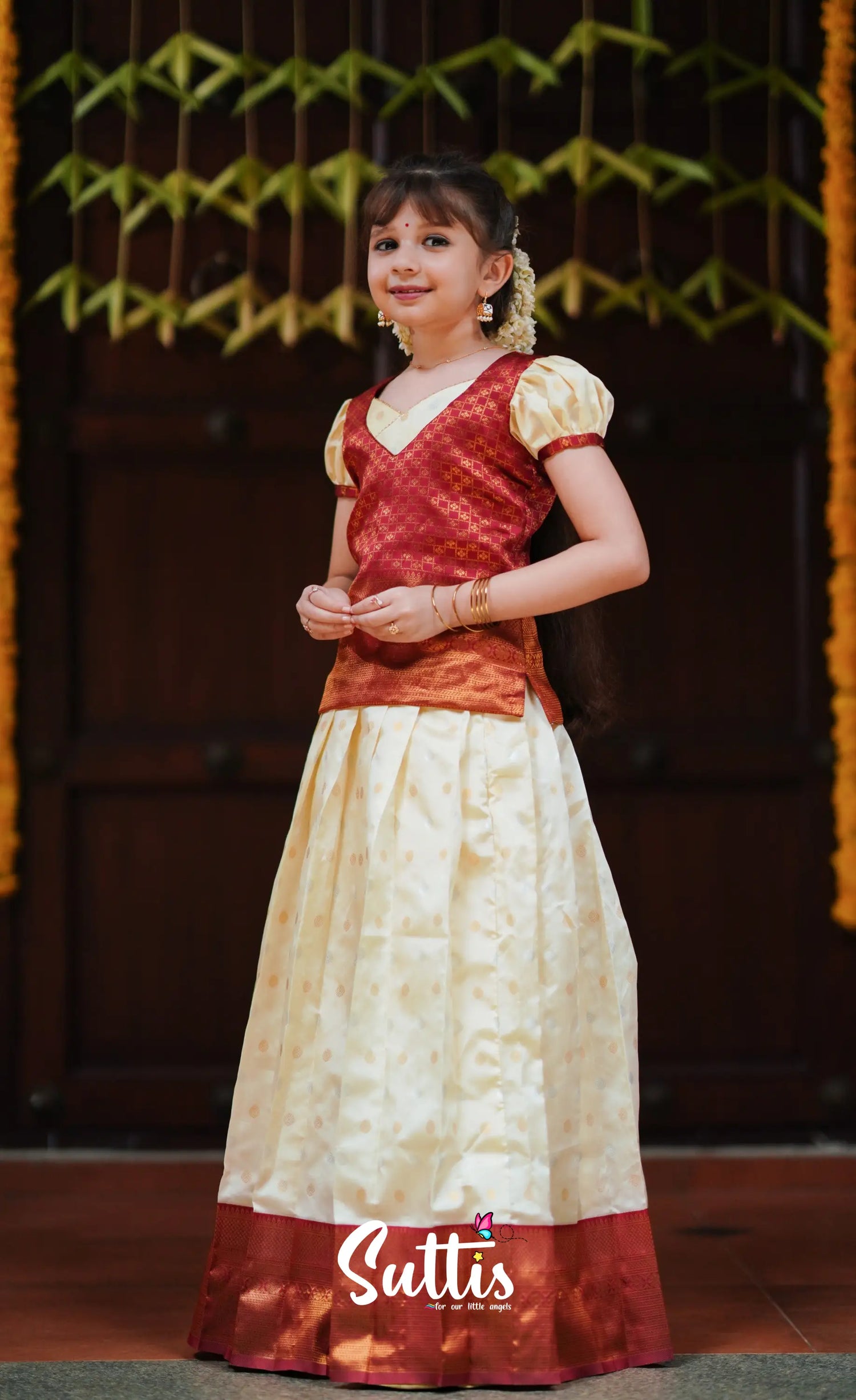 Padmakshi - Cream And Maroon Blended Silk Pavadai Top Kids-Suttis