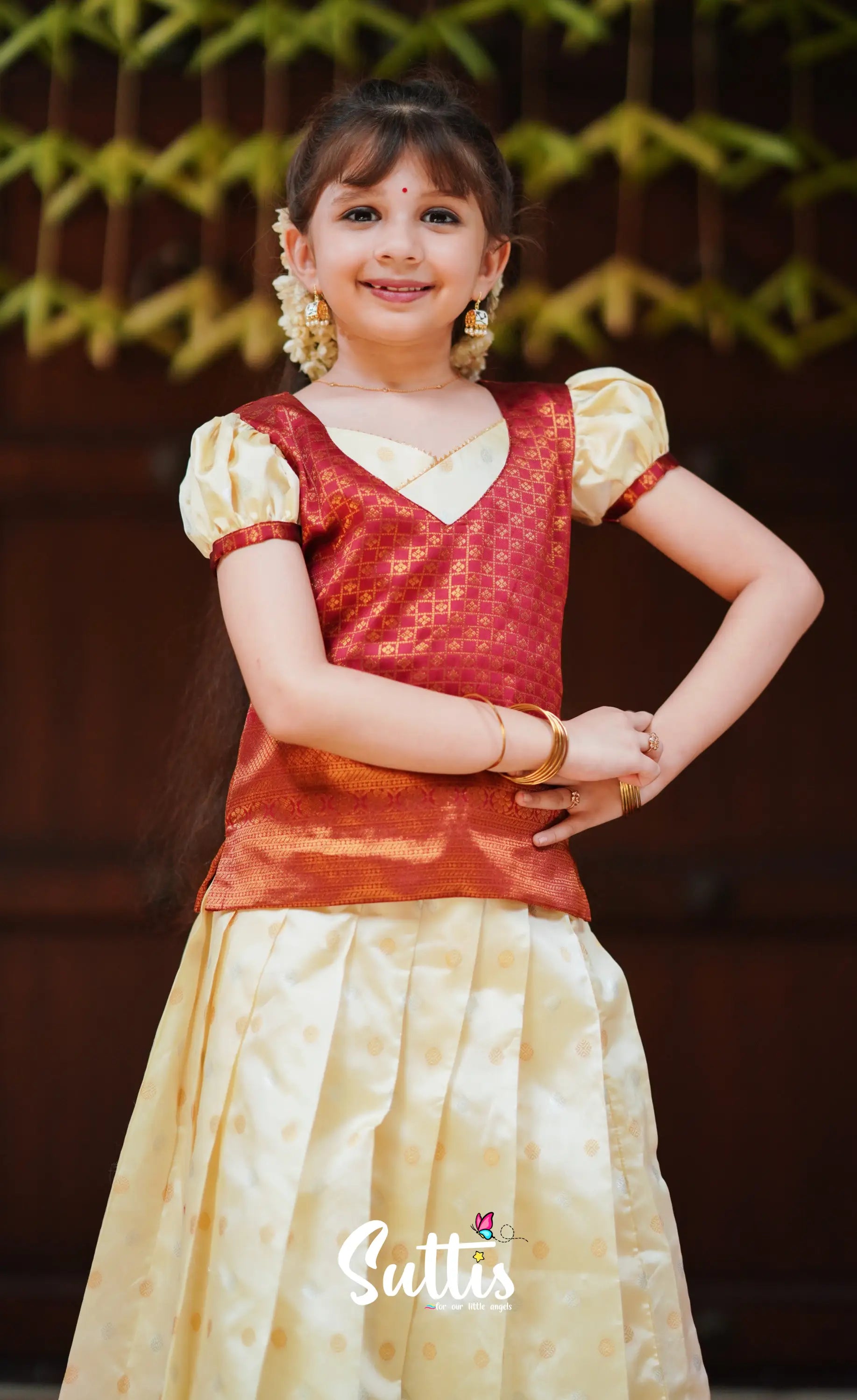 Padmakshi - Cream And Maroon Blended Silk Pavadai Top Kids-Suttis