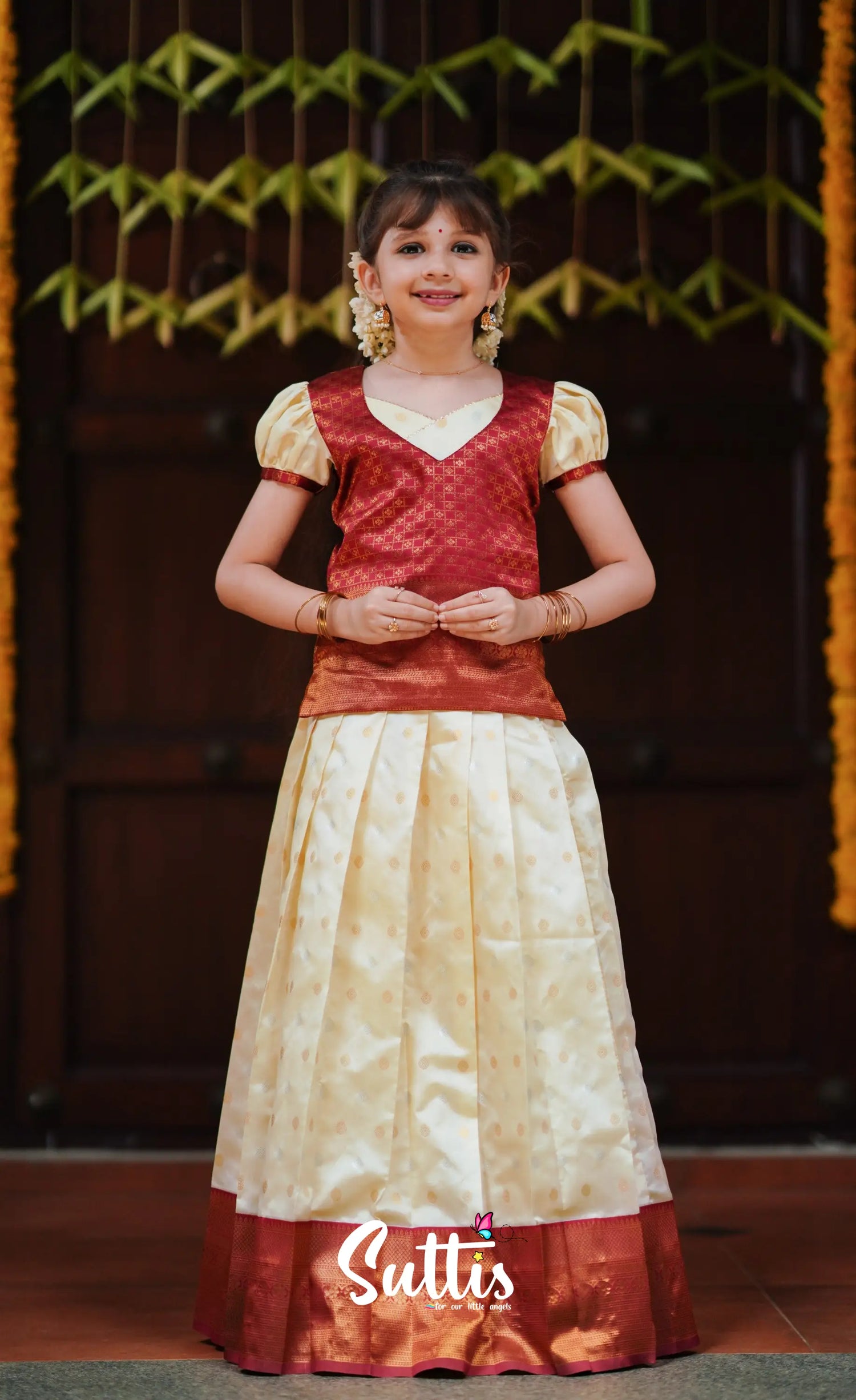 Padmakshi - Cream And Maroon Blended Silk Pavadai Top Kids-Suttis