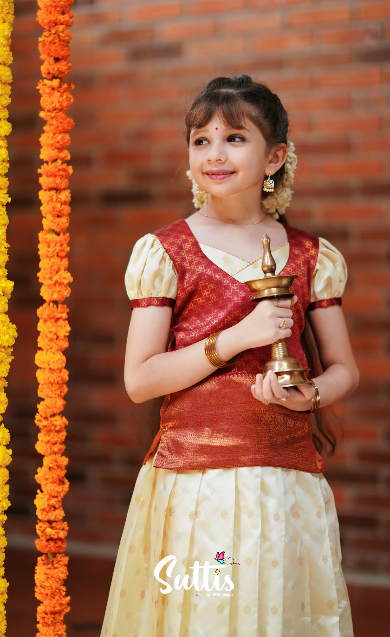 Padmakshi - Cream And Maroon Blended Silk Pavadai Top Kids-Suttis