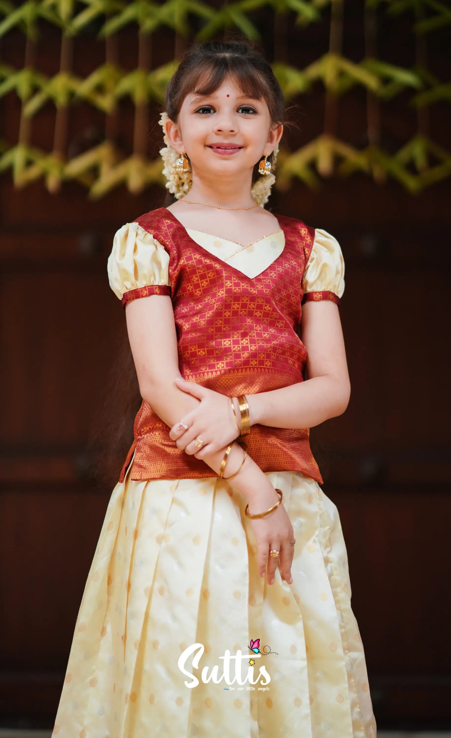 Padmakshi - Cream And Maroon Blended Silk Pavadai Top Kids-Suttis