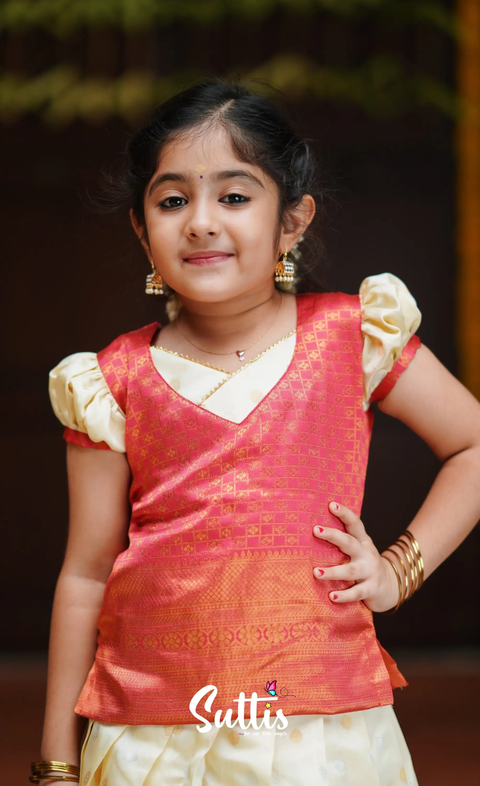 Padmakshi - Cream And Peach Blended Silk Pavadai Top Kids-Suttis