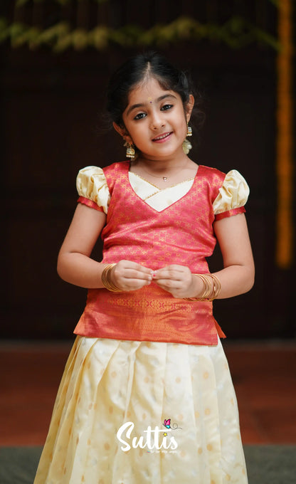 Padmakshi - Cream And Peach Blended Silk Pavadai Top Kids-Suttis