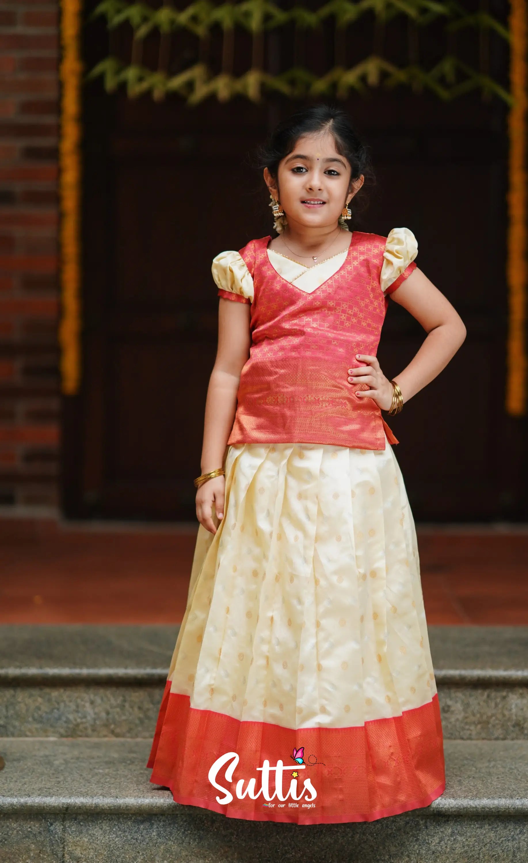 Padmakshi - Cream And Peach Blended Silk Pavadai Top Kids-Suttis