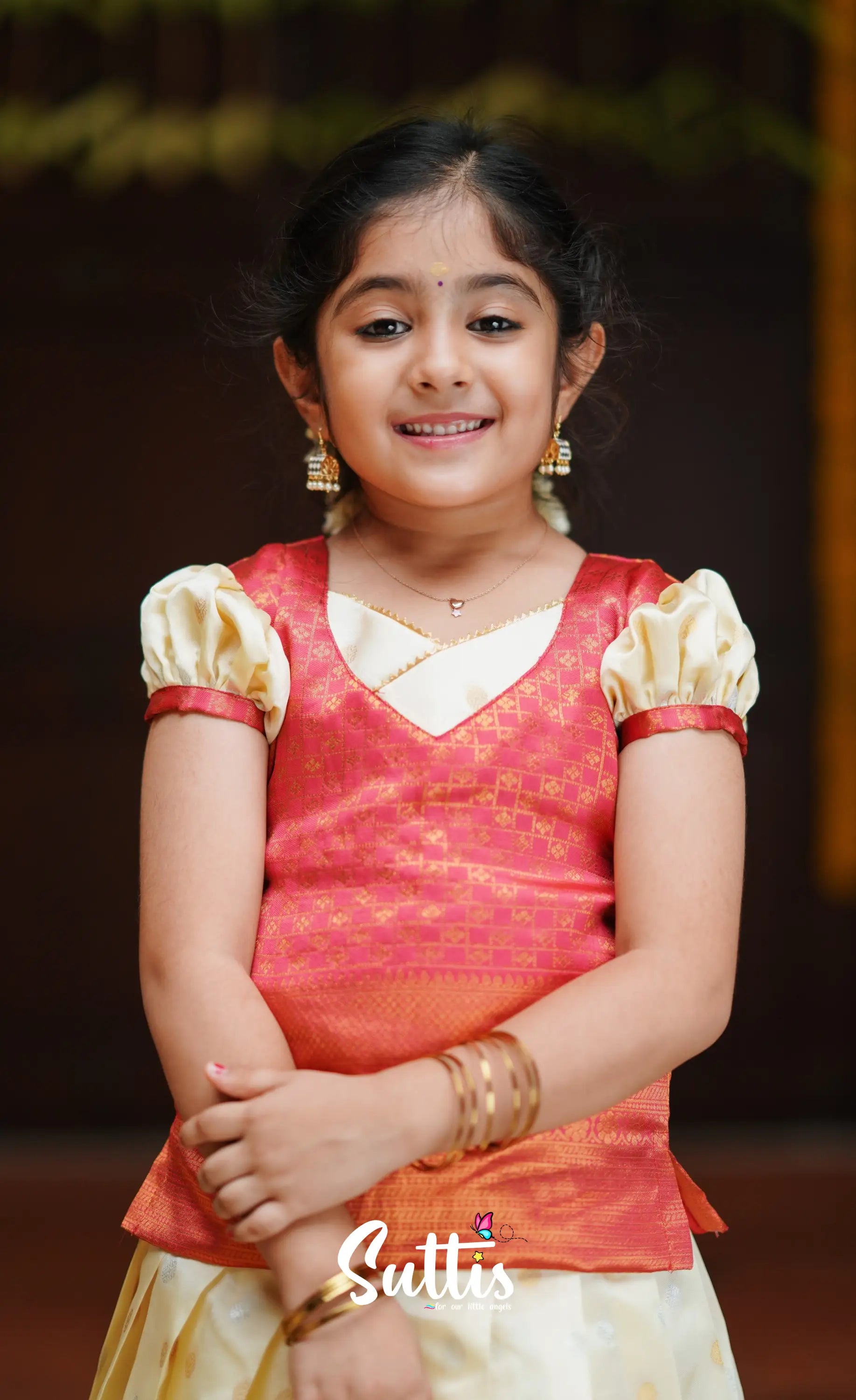 Padmakshi - Cream And Peach Blended Silk Pavadai Top Kids-Suttis