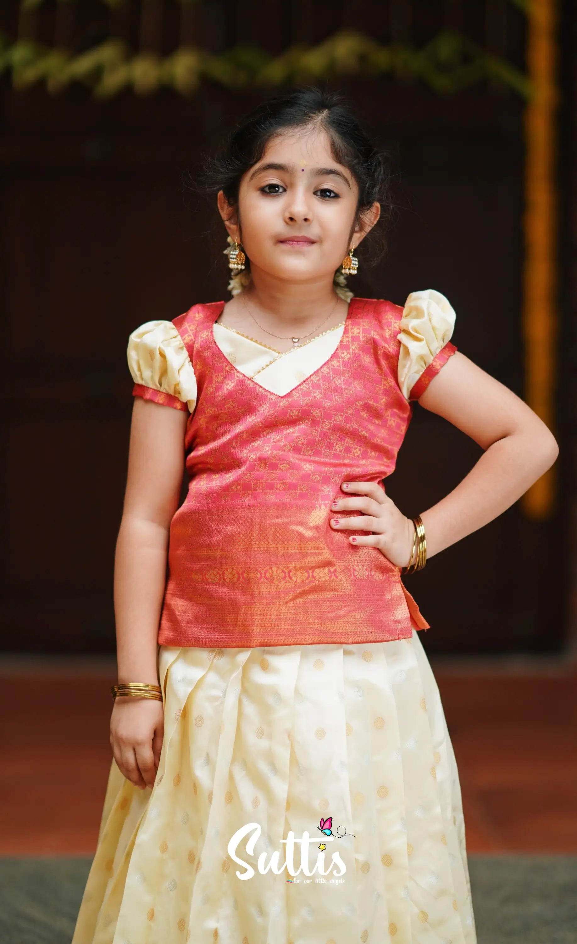 Padmakshi - Cream And Peach Blended Silk Pavadai Top Kids-Suttis