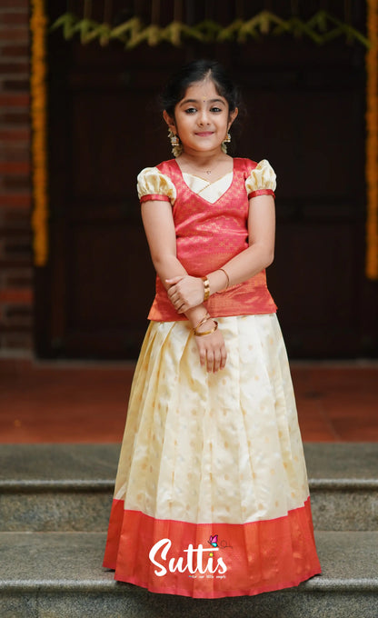 Padmakshi - Cream And Peach Blended Silk Pavadai Top Kids-Suttis